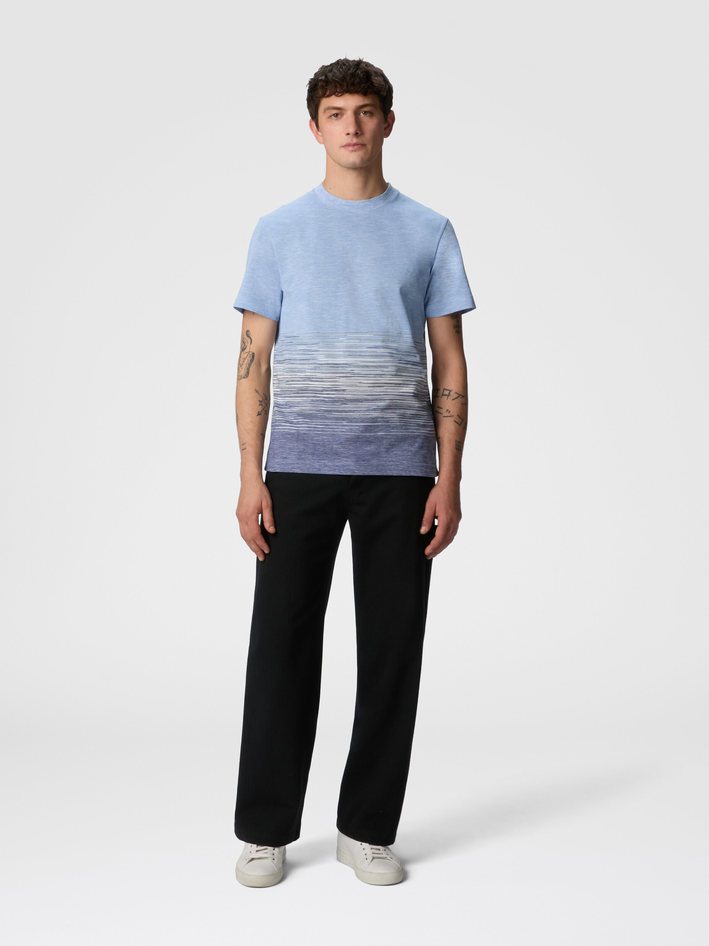 Crewneck T-shirt in slub cotton and linen with zigzag embroidery, Blue - 1