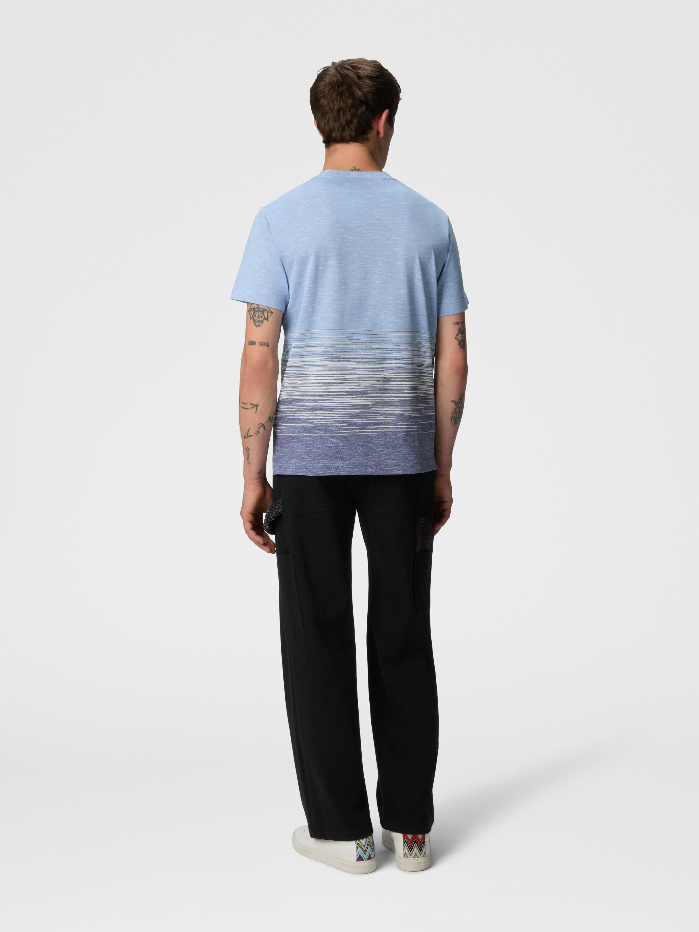 Crewneck T-shirt in slub cotton and linen with zigzag embroidery, Blue - 2