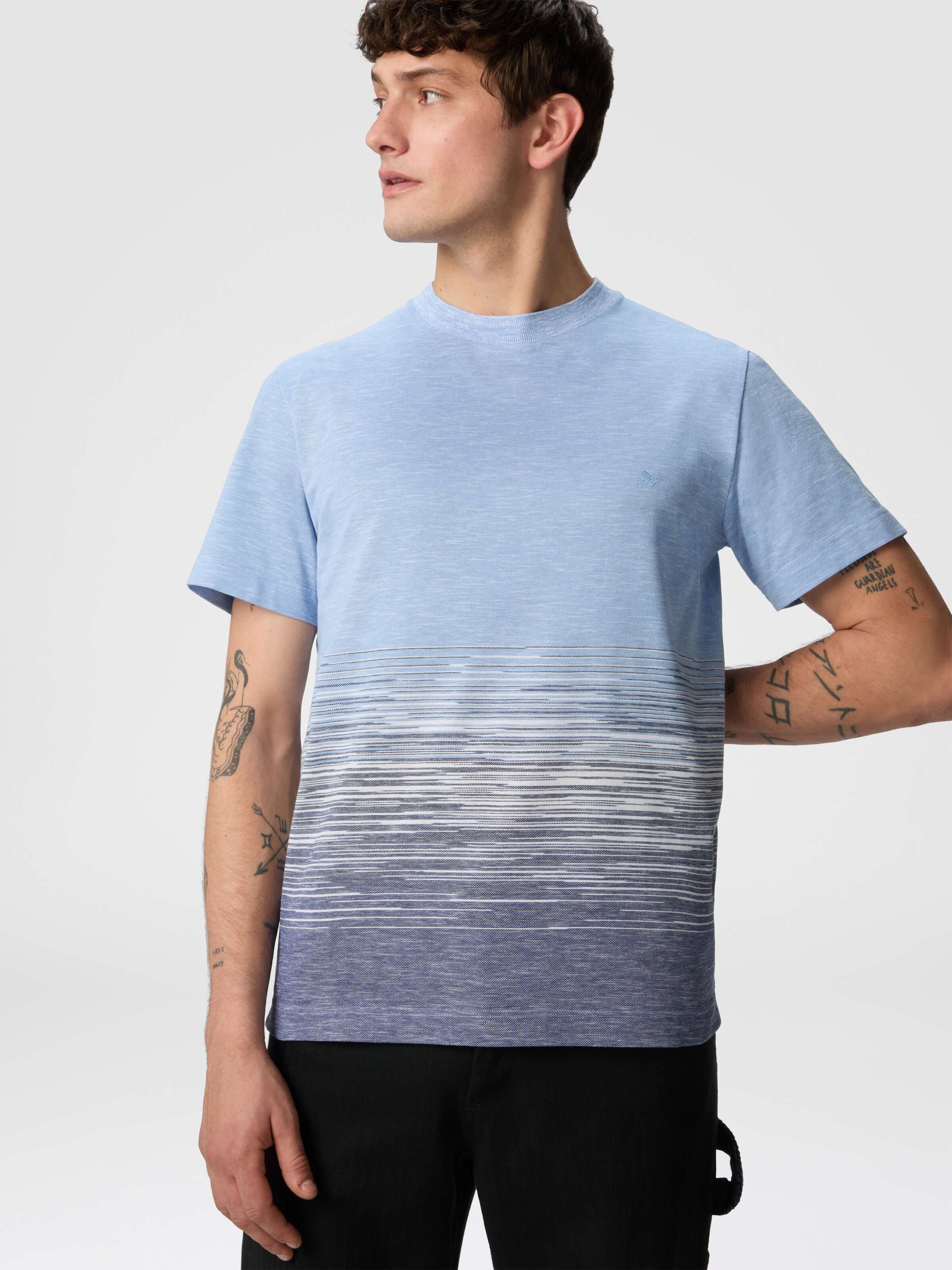 Crewneck T-shirt in slub cotton and linen with zigzag embroidery, Blue - 3
