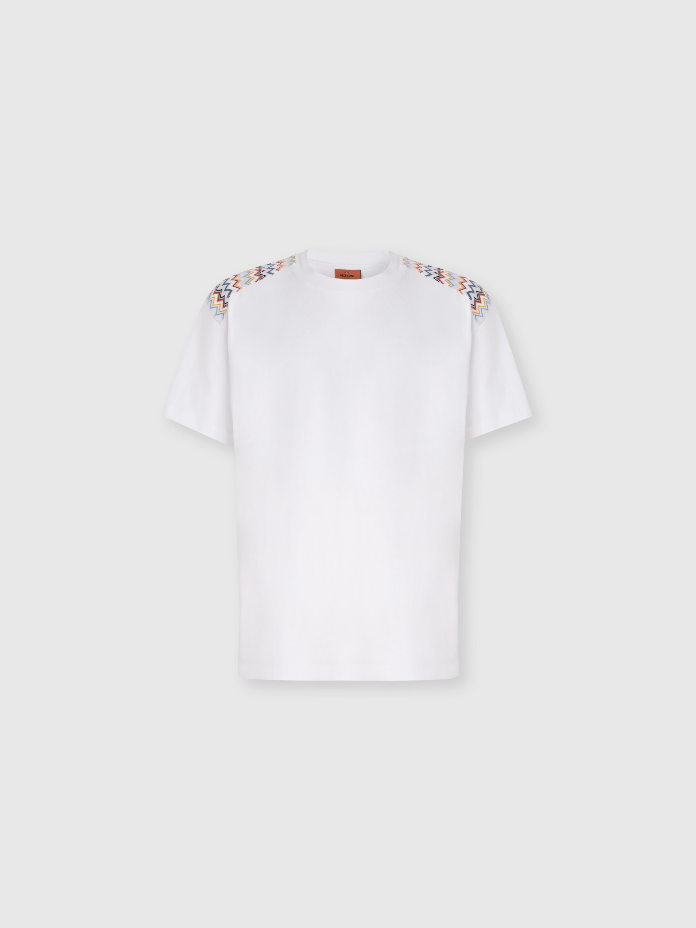 Camiseta de algodón con cuello redondo e inserciones de chevron en los hombros, Blanco  - 0
