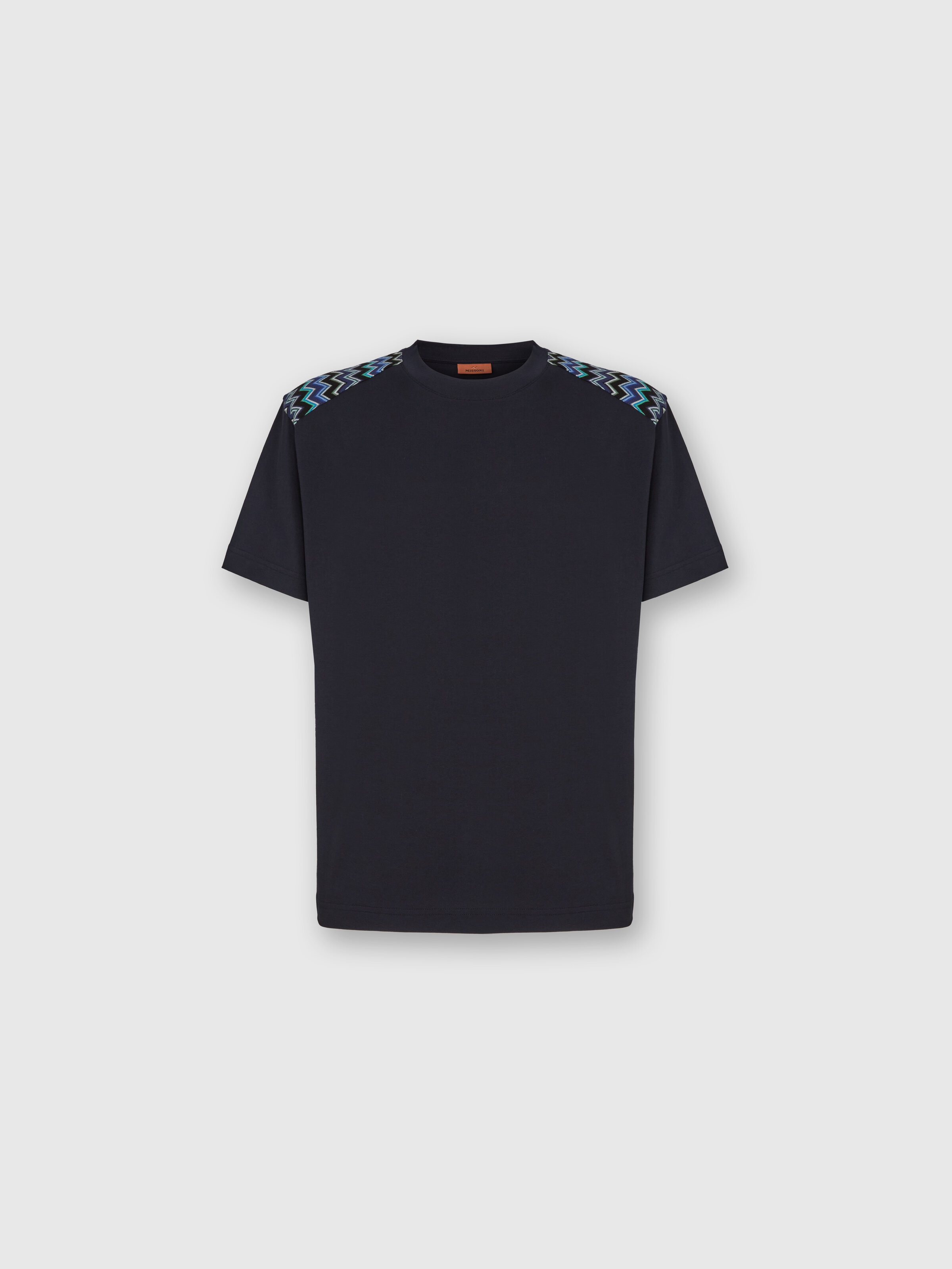 Cotton crewneck T-shirt with chevron inserts on the shoulders, Blue - 0