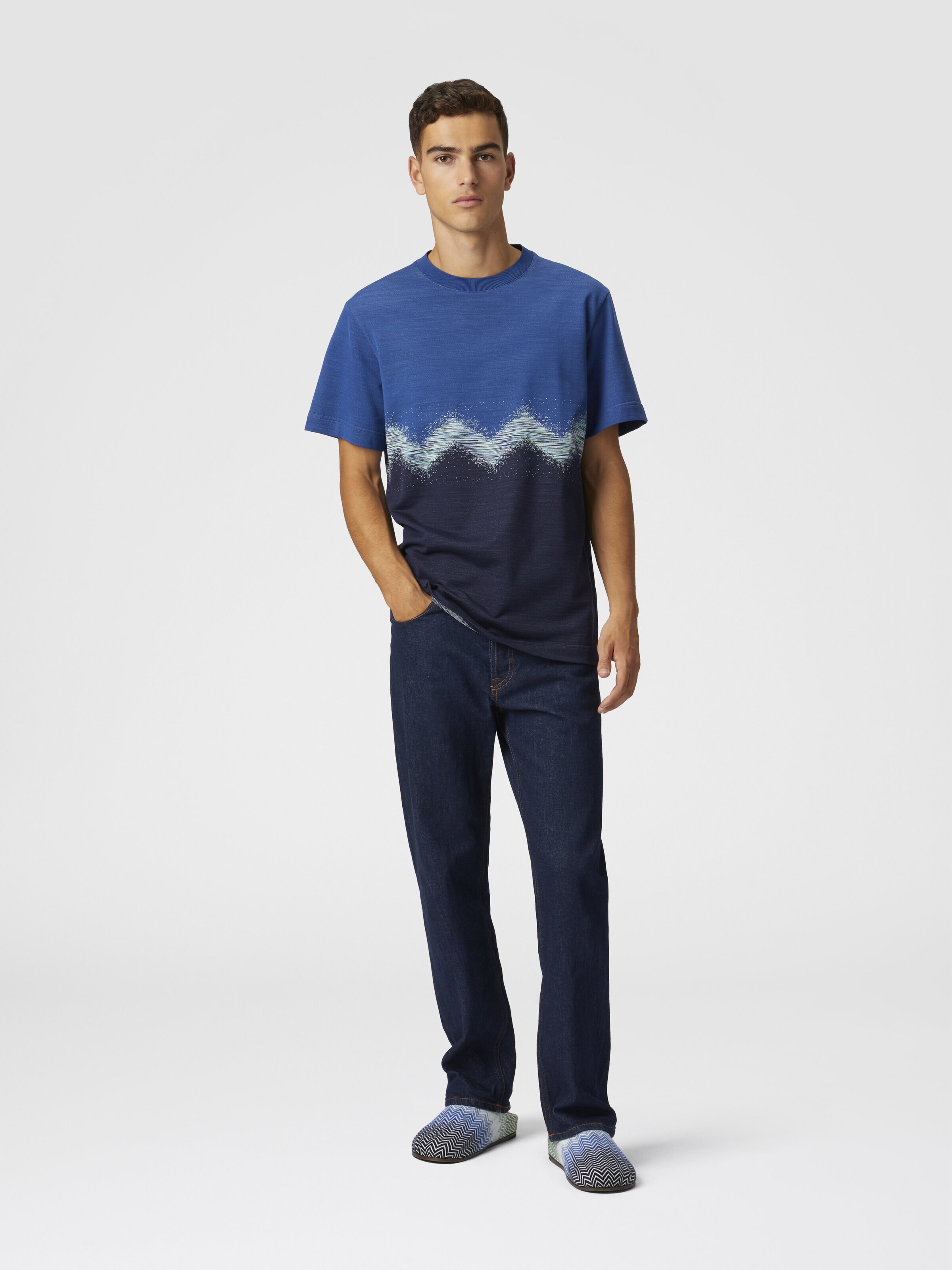 T-shirt à col rond en coton avec zigzag flammé, Multicolore  - 1