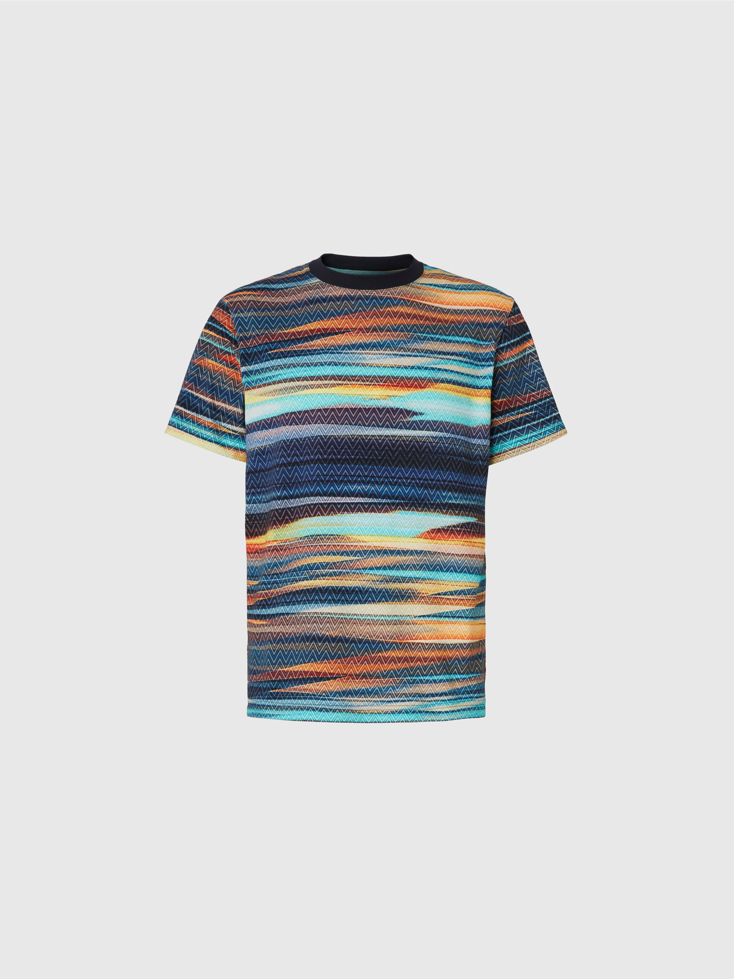 Camiseta de algodón con cuello redondo y estampado flameado en zigzag, Azul Oscuro - 0