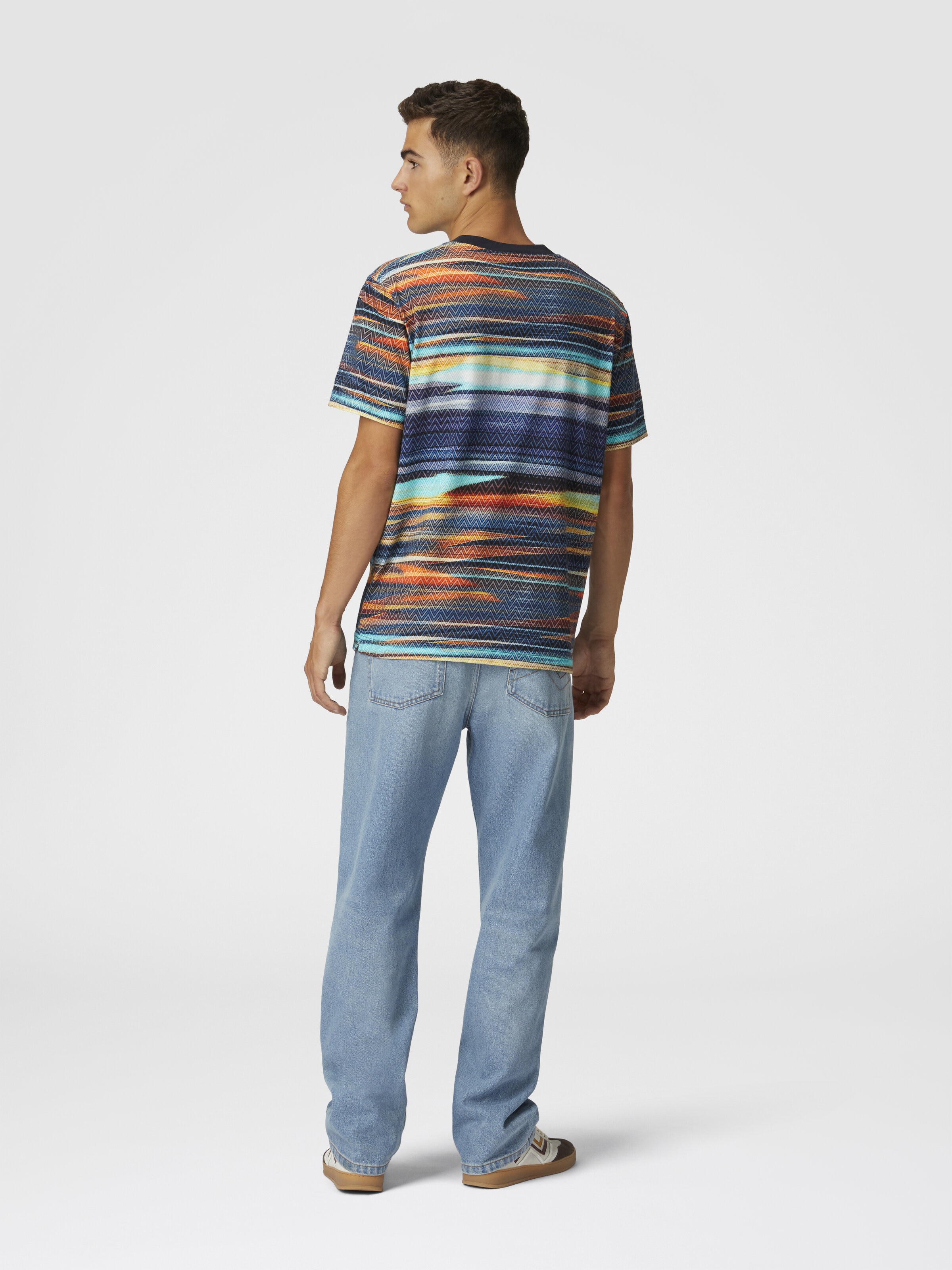 Camiseta de algodón con cuello redondo y estampado flameado en zigzag, Azul Oscuro - 2