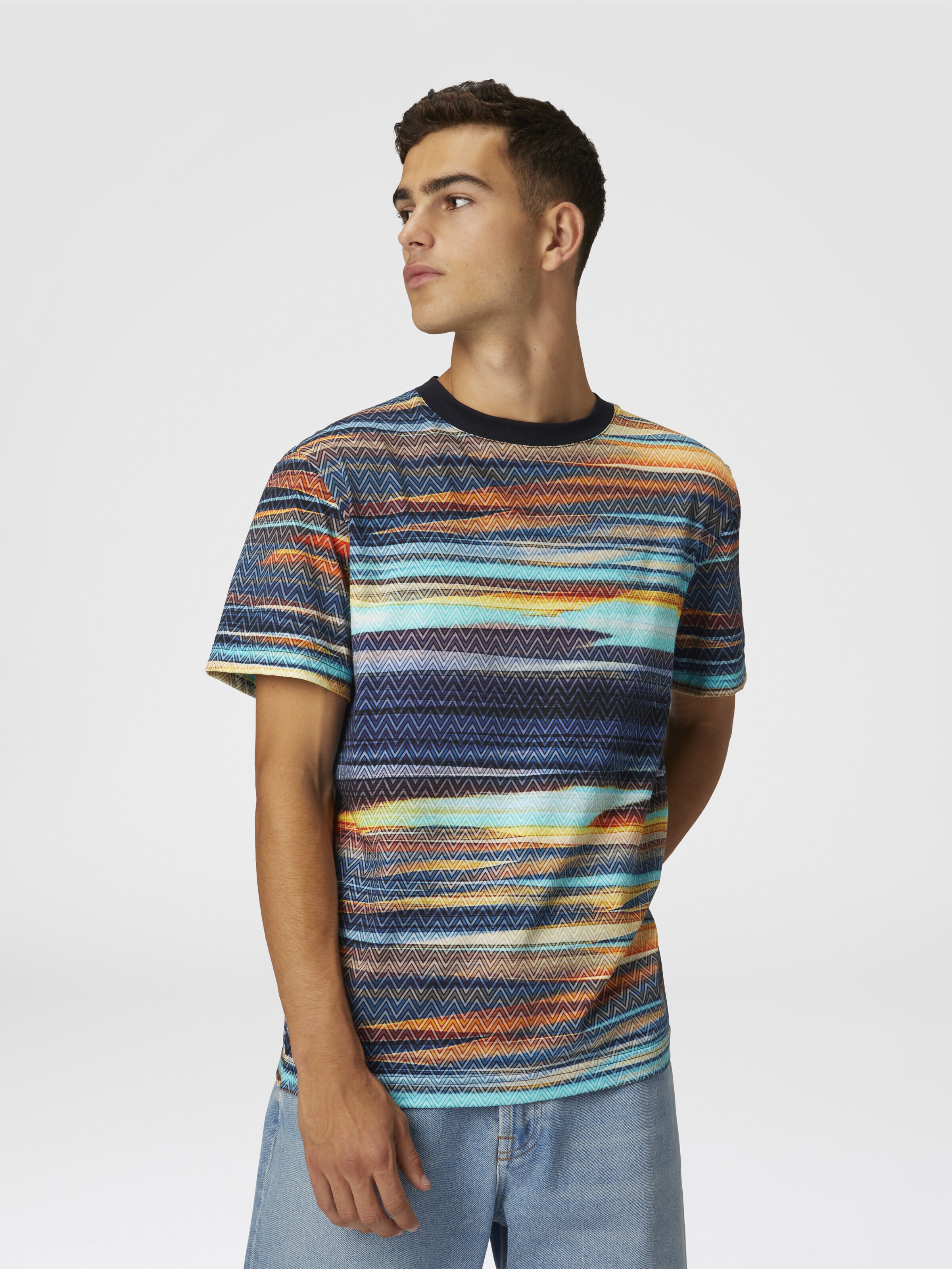 Camiseta de algodón con cuello redondo y estampado flameado en zigzag, Azul Oscuro - 3