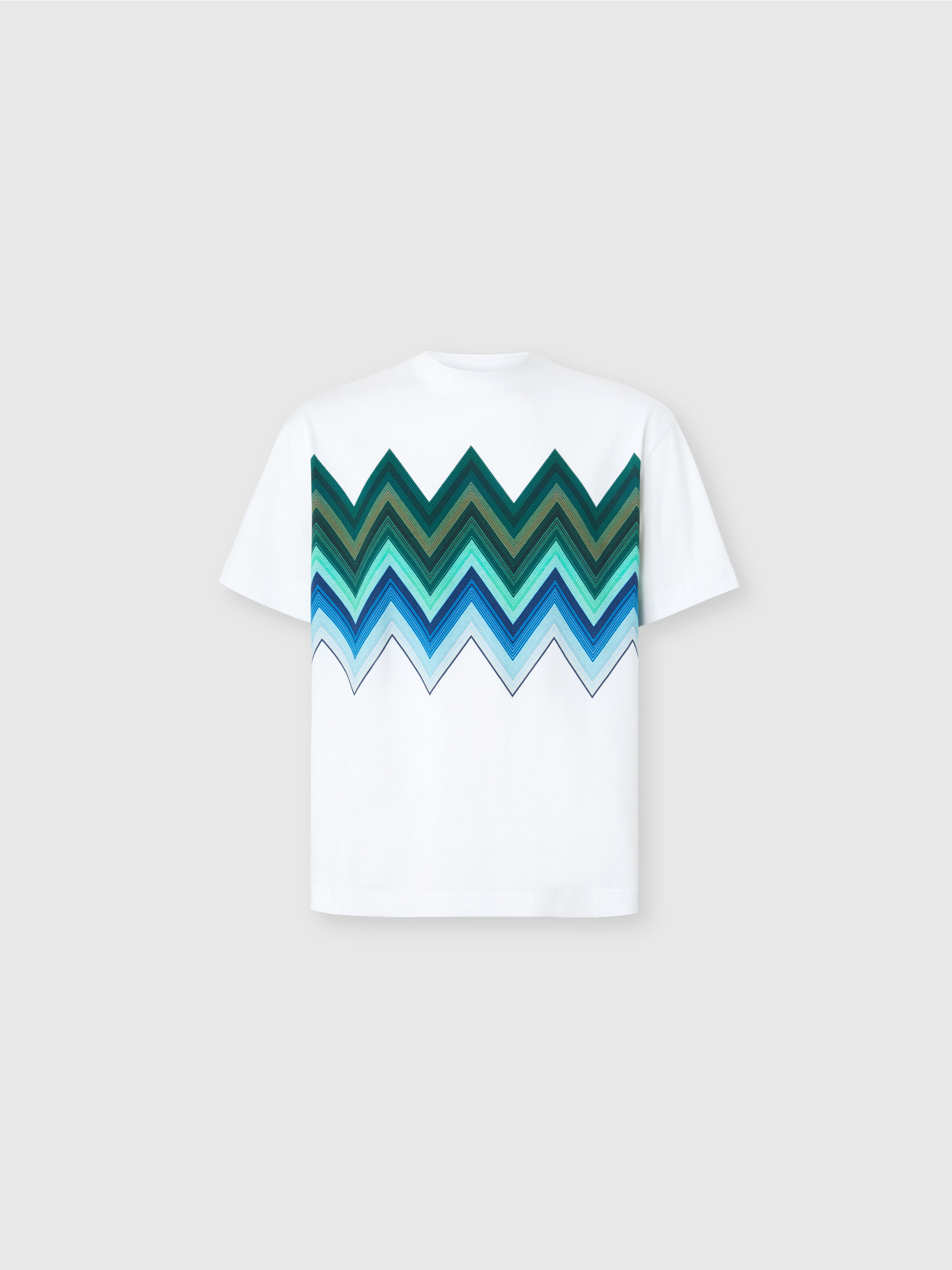 マクロジグザグプリントのコットンクルーネックTシャツ, ブルー & グリーン - 0