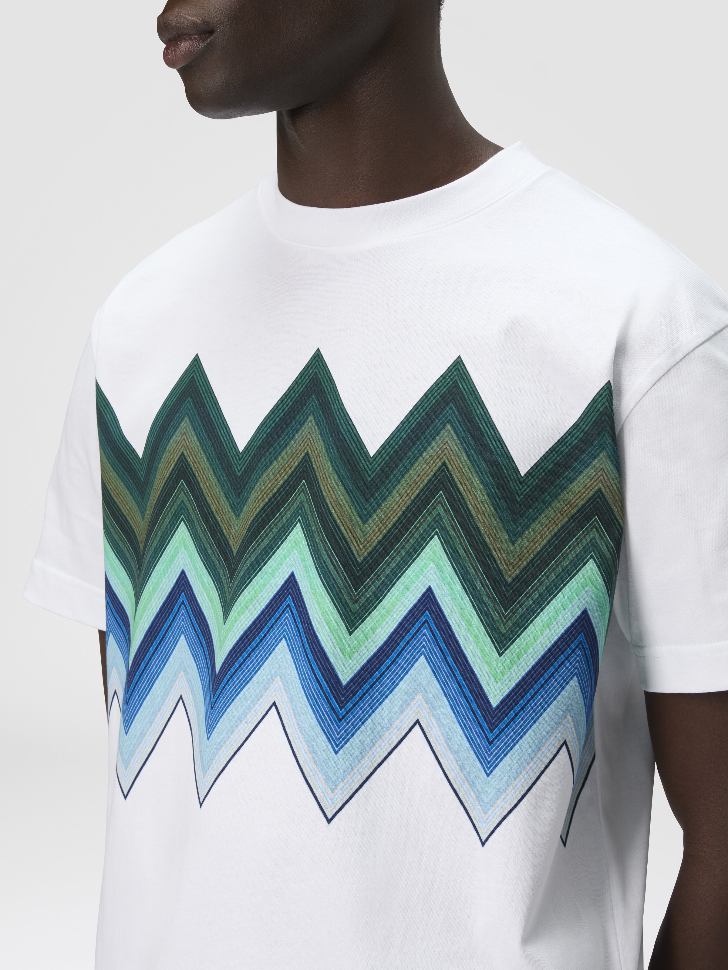 マクロジグザグプリントのコットンクルーネックTシャツ, ブルー & グリーン - 4