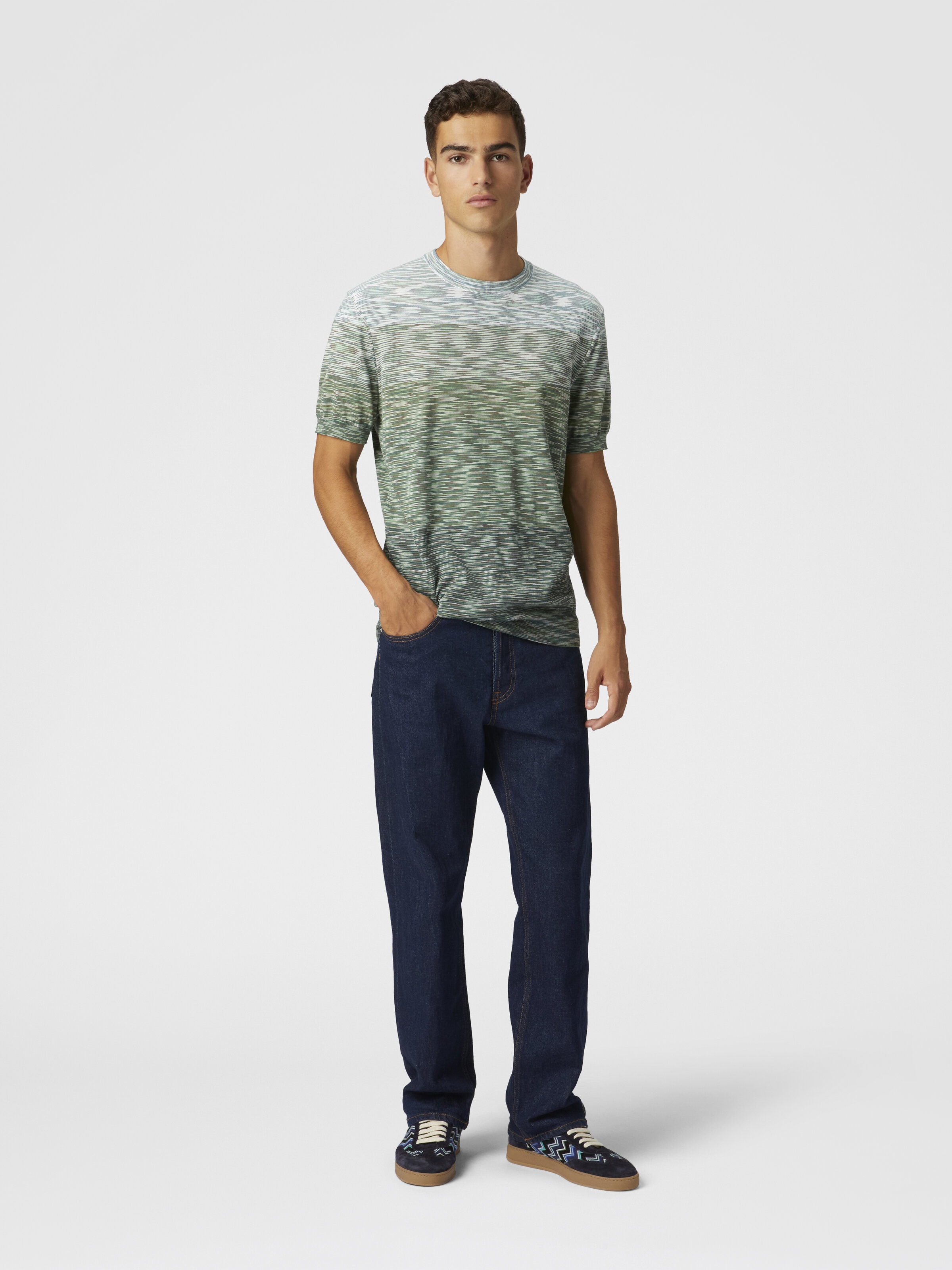 Crewneck T-shirt in dégradé slub cotton, Green - 1