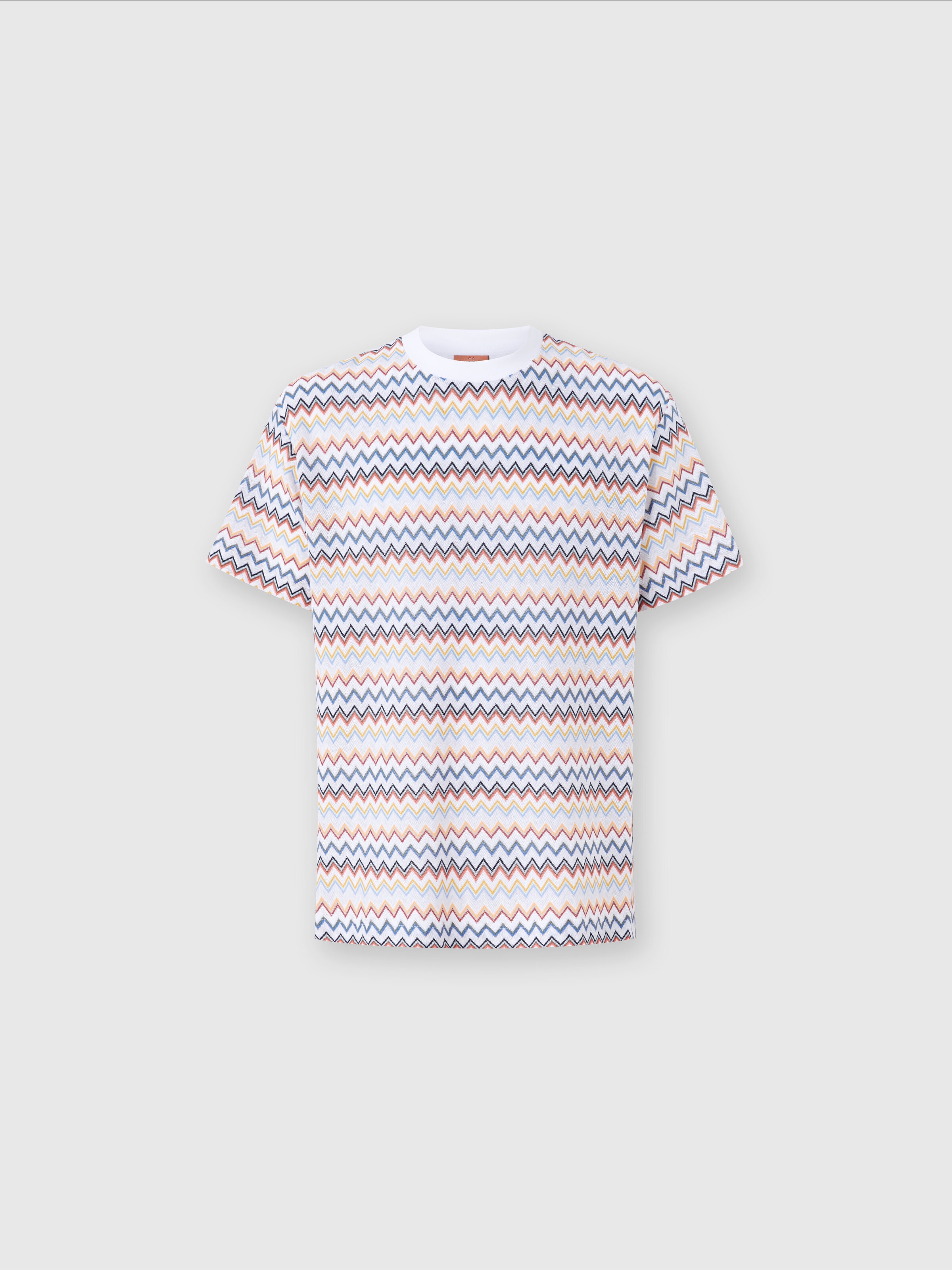 Zig zag cotton crewneck T-shirt with contrasting collar, White  & Orange - 0