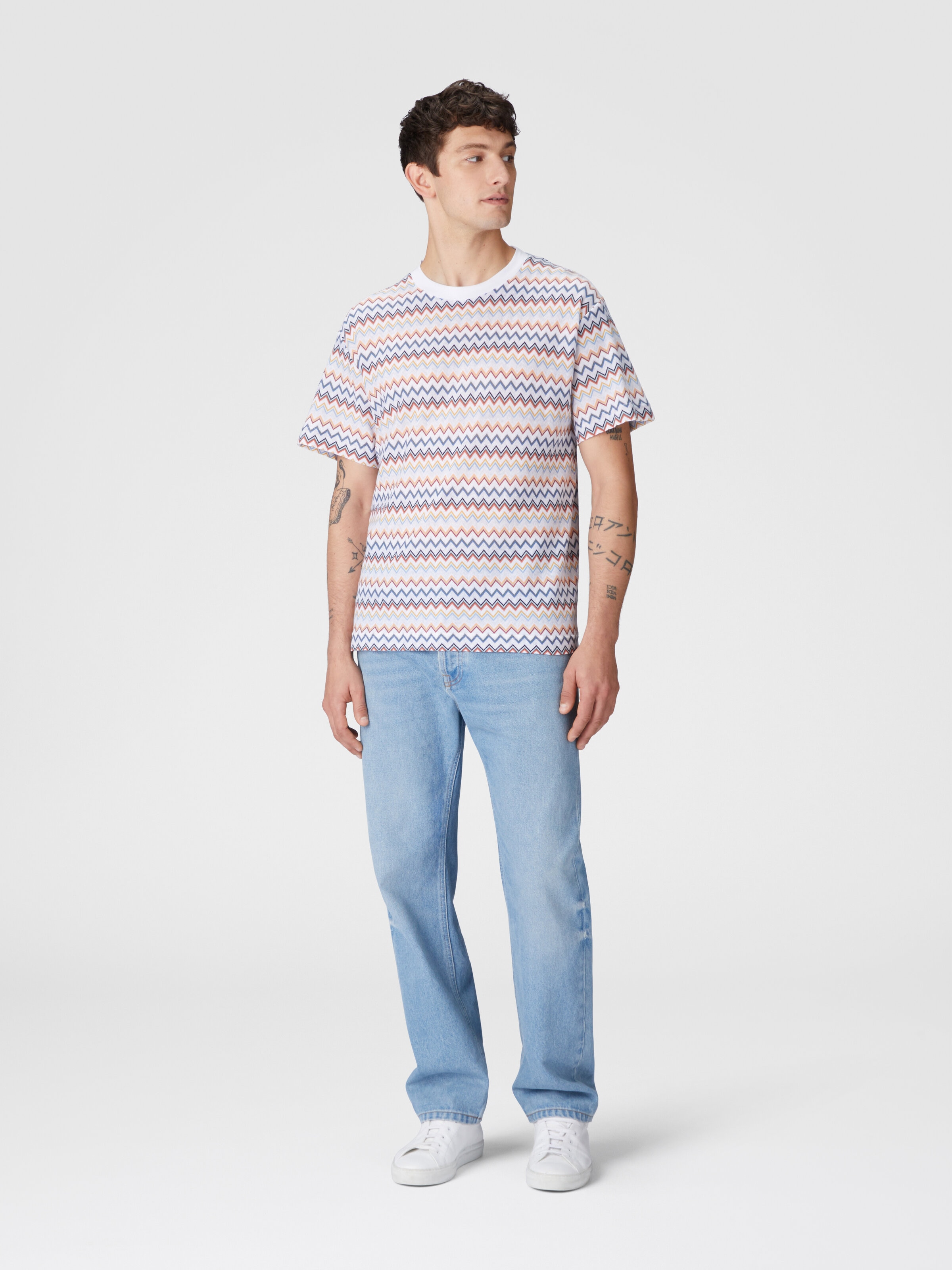 Zig zag cotton crewneck T-shirt with contrasting collar, White  & Orange - 1