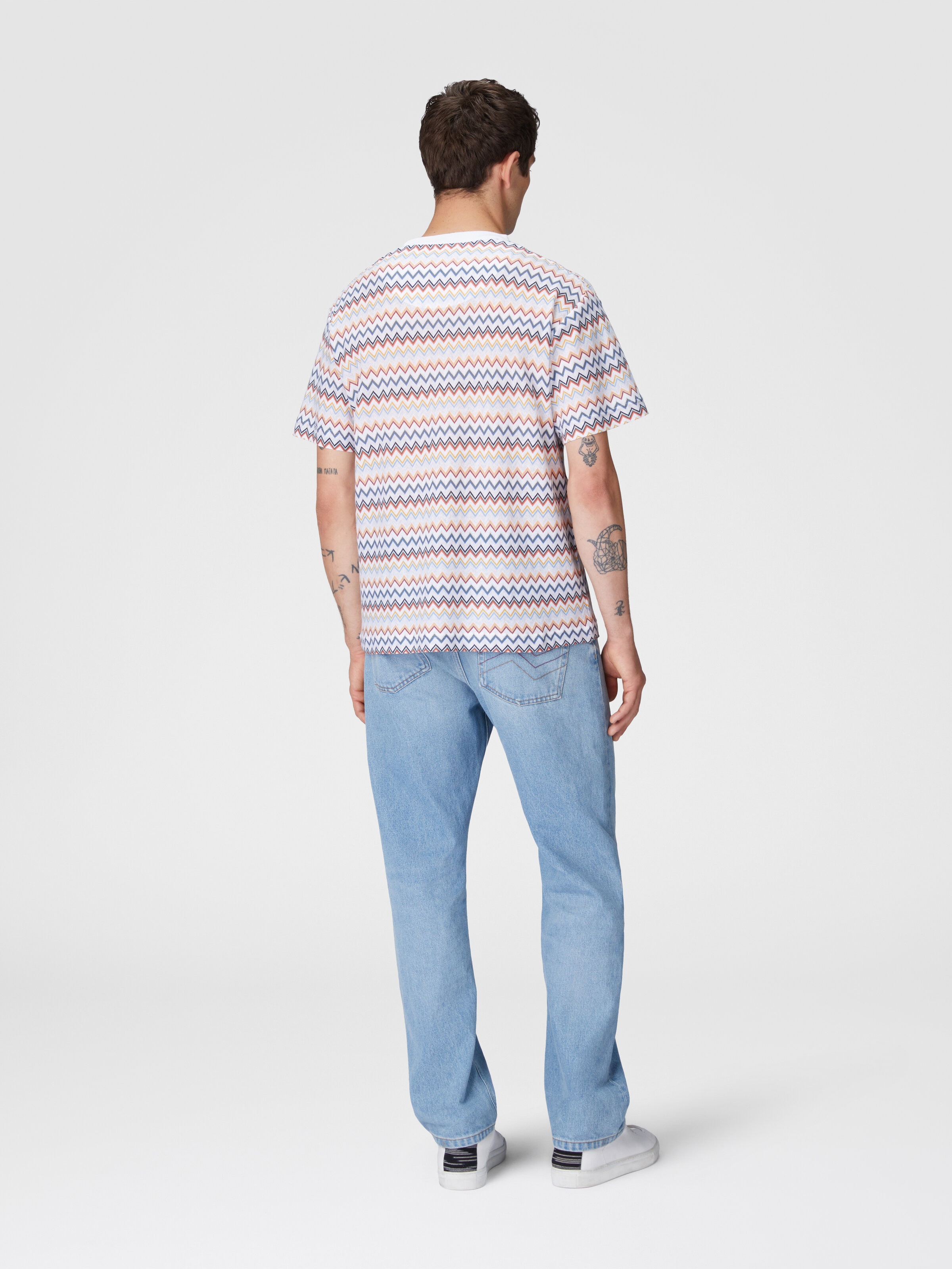 Zig zag cotton crewneck T-shirt with contrasting collar, White  & Orange - 2