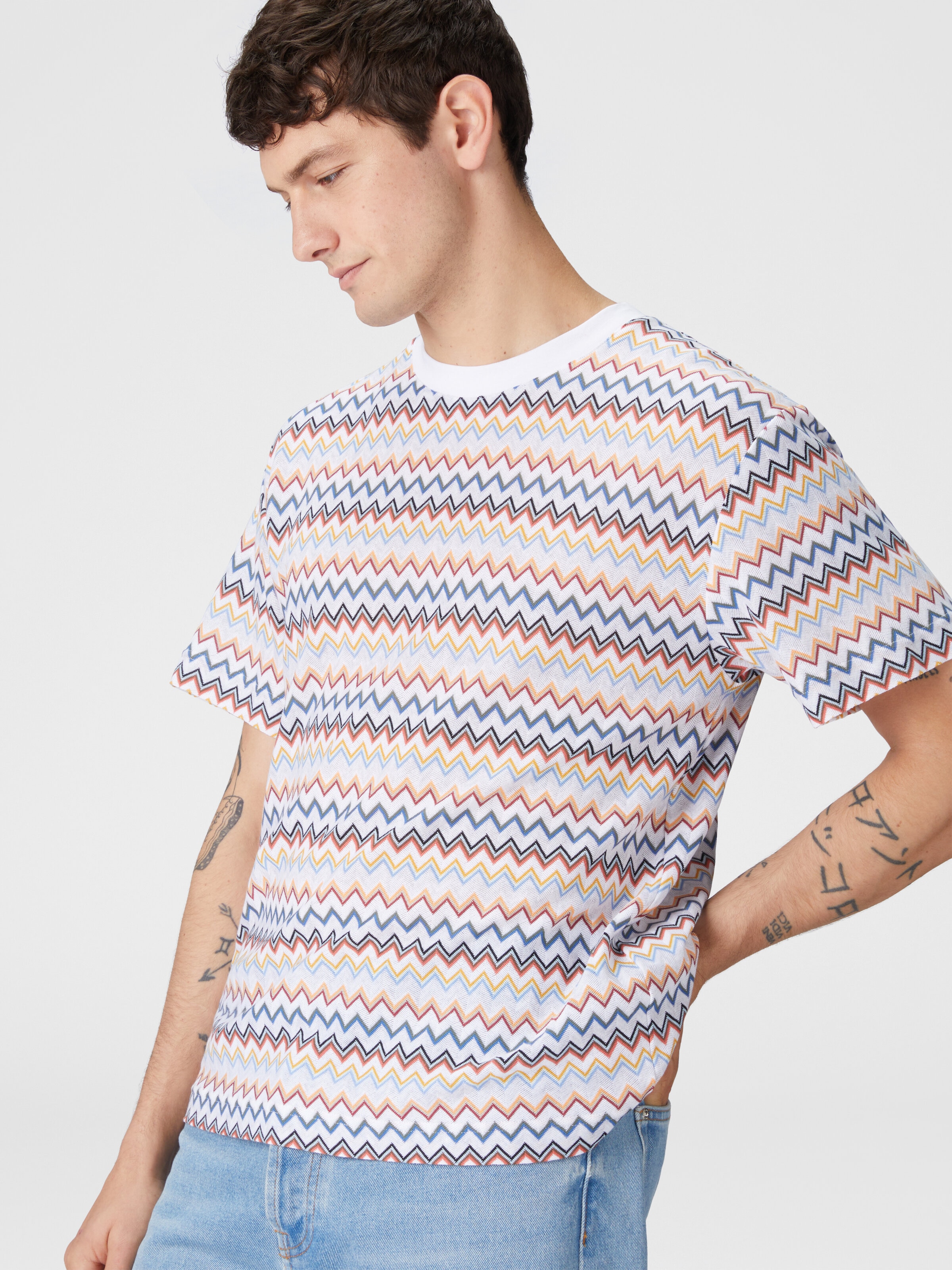 Zig zag cotton crewneck T-shirt with contrasting collar, White  & Orange - 3