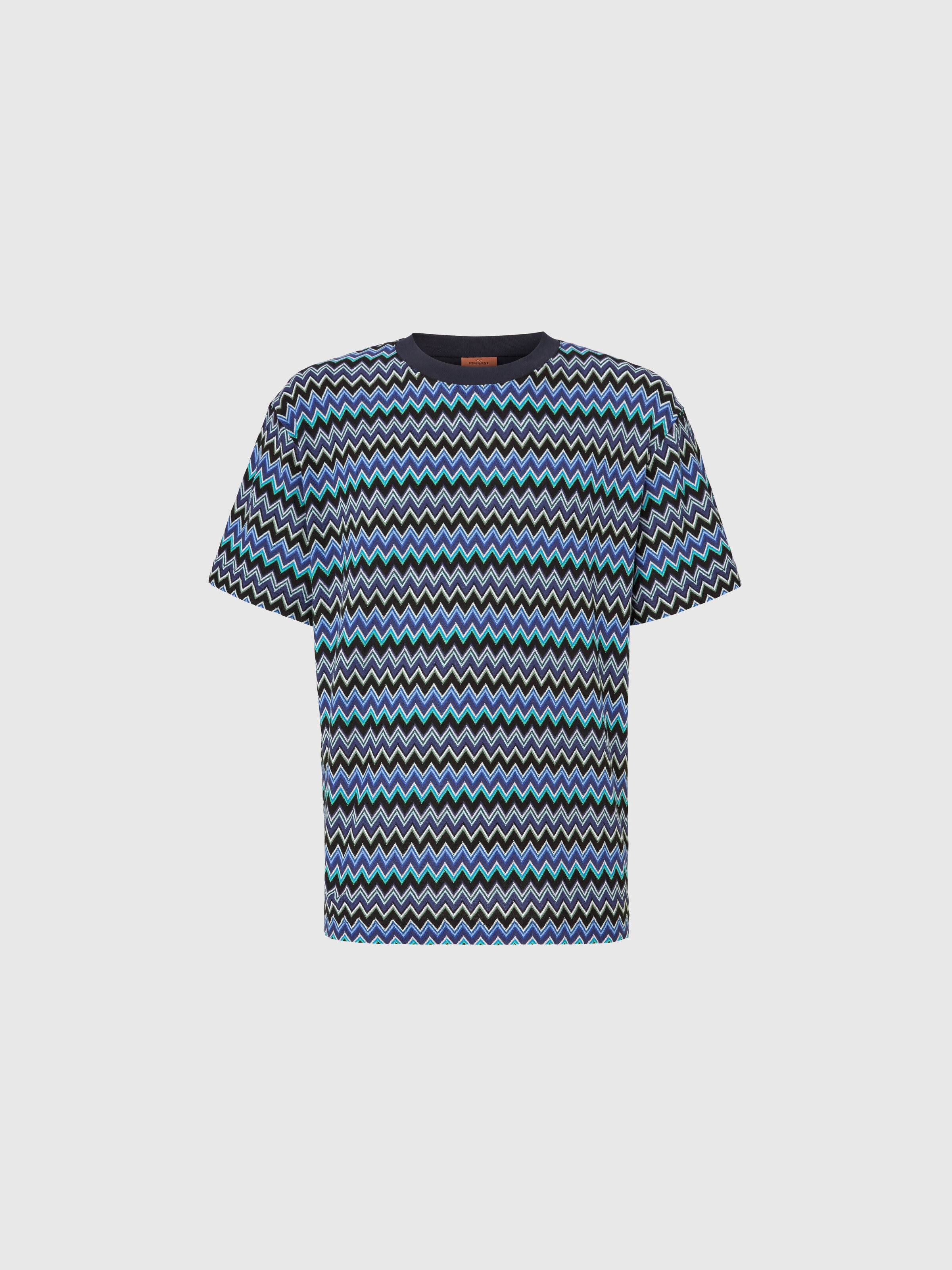 ジグザグコットンクルーネックTシャツ、対照的な襟, ブラック＆ブルー - 0