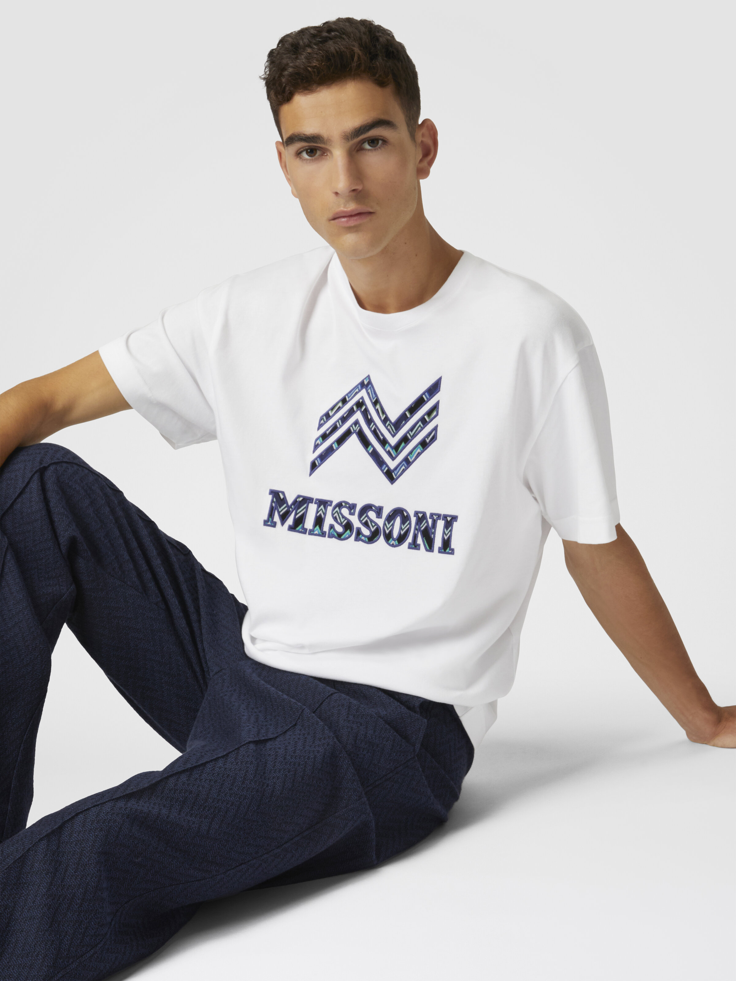 T-shirt girocollo in cotone con inserto zig zag e scritta logo, Bianco  - 4