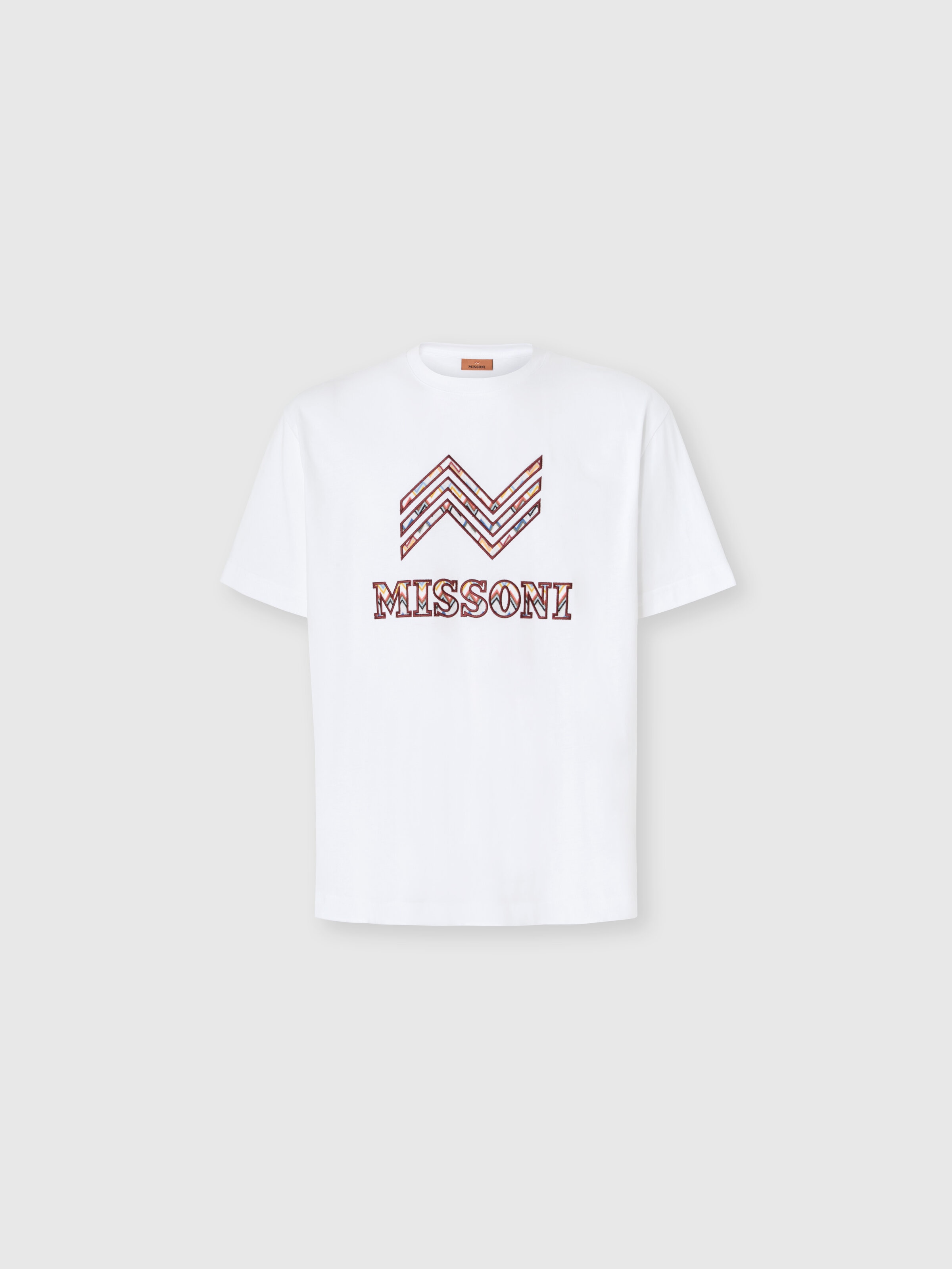 Cotton crewneck T-shirt with zigzag insert and logo lettering, White  & Orange - 0