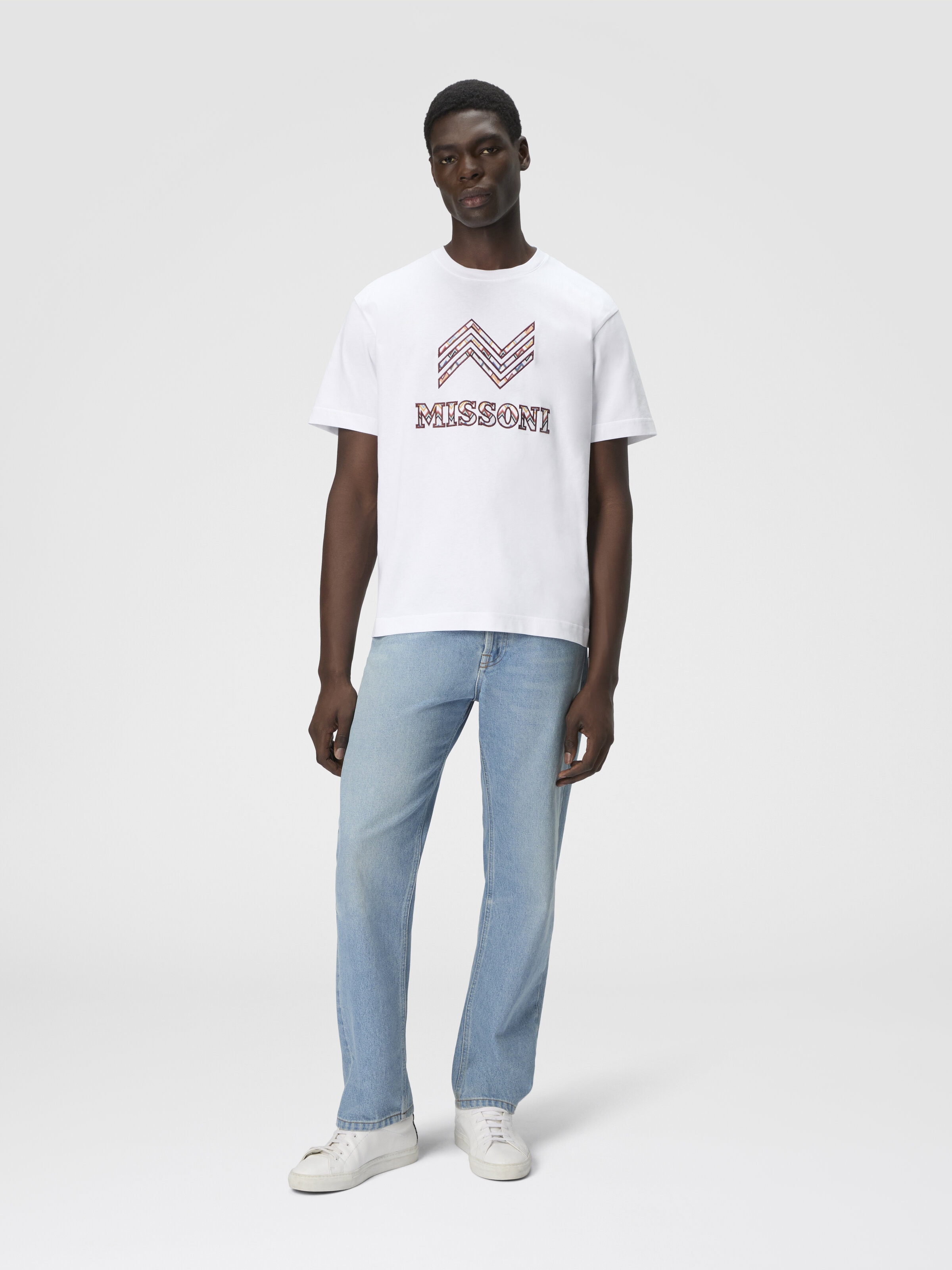 Cotton crewneck T-shirt with zigzag insert and logo lettering, White  & Orange - 1