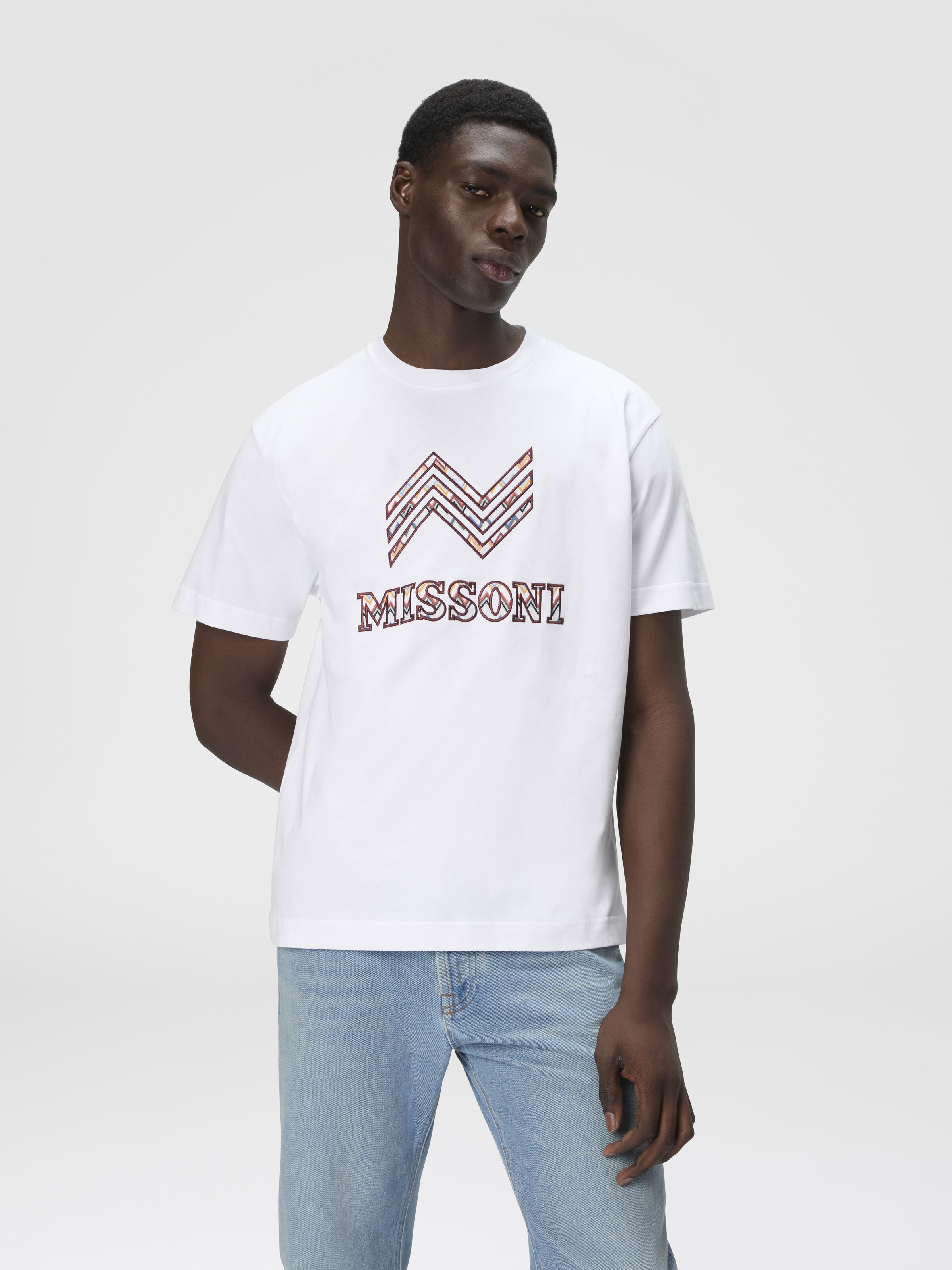 Cotton crewneck T-shirt with zigzag insert and logo lettering, White  & Orange - 3