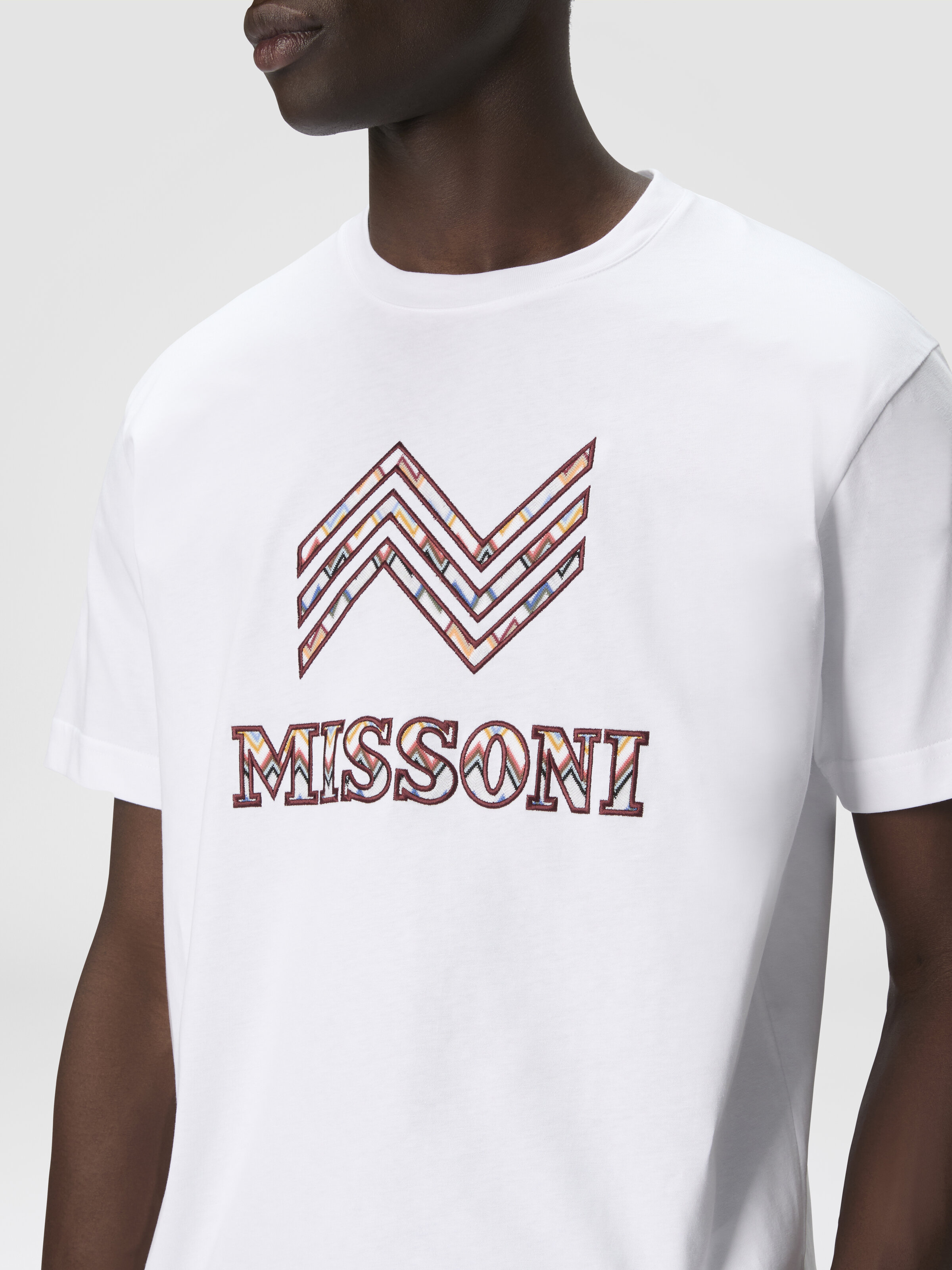 Cotton crewneck T-shirt with zigzag insert and logo lettering, White  & Orange - 4