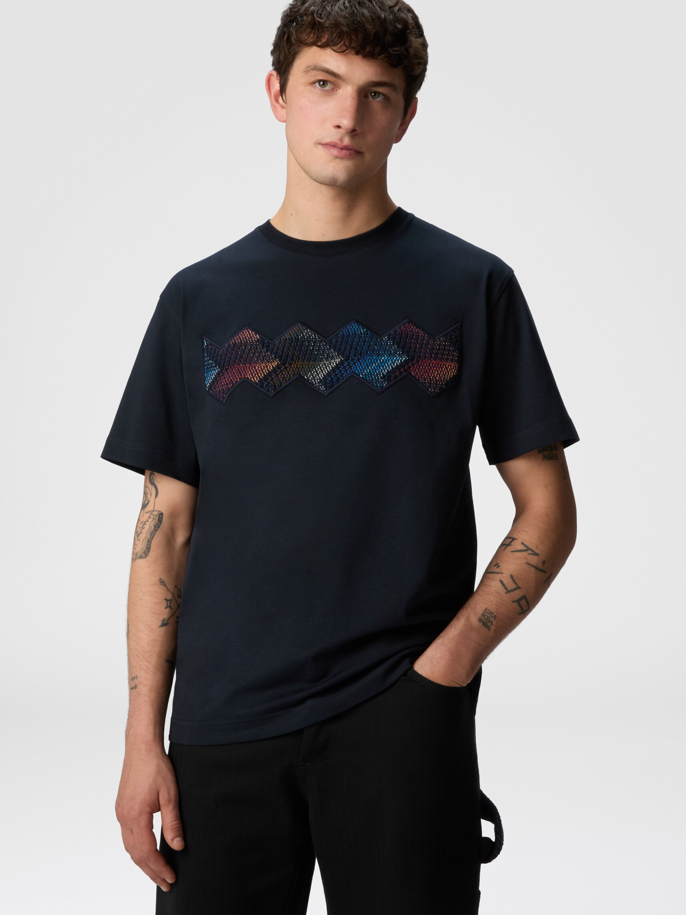 Camiseta de algodón con cuello redondo y aplicación en zig zag degradado, Azul Oscuro - 3