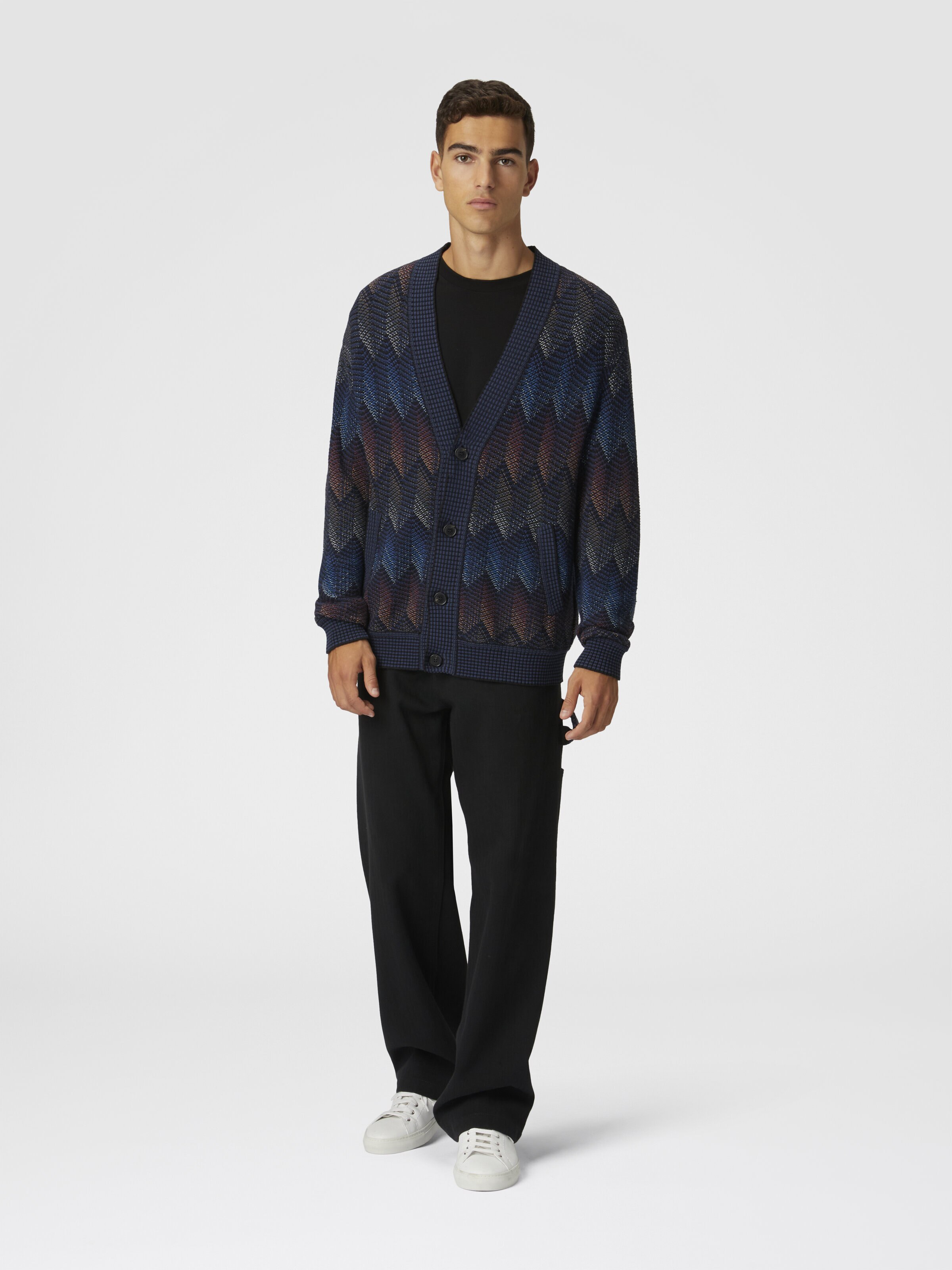 Gradient chevron cotton blend cardigan with pockets, Blue - 1