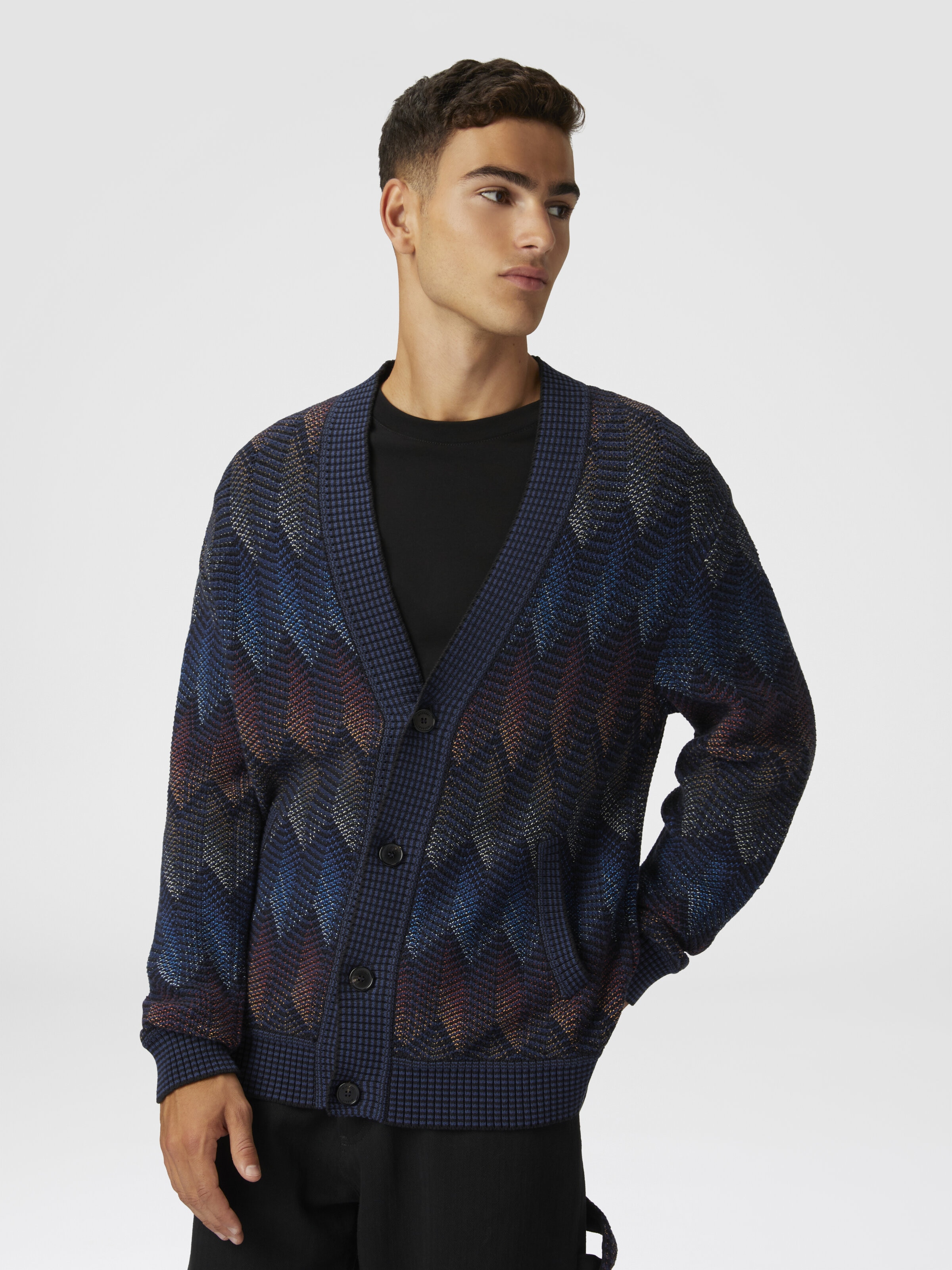 Gradient chevron cotton blend cardigan with pockets, Blue - 3