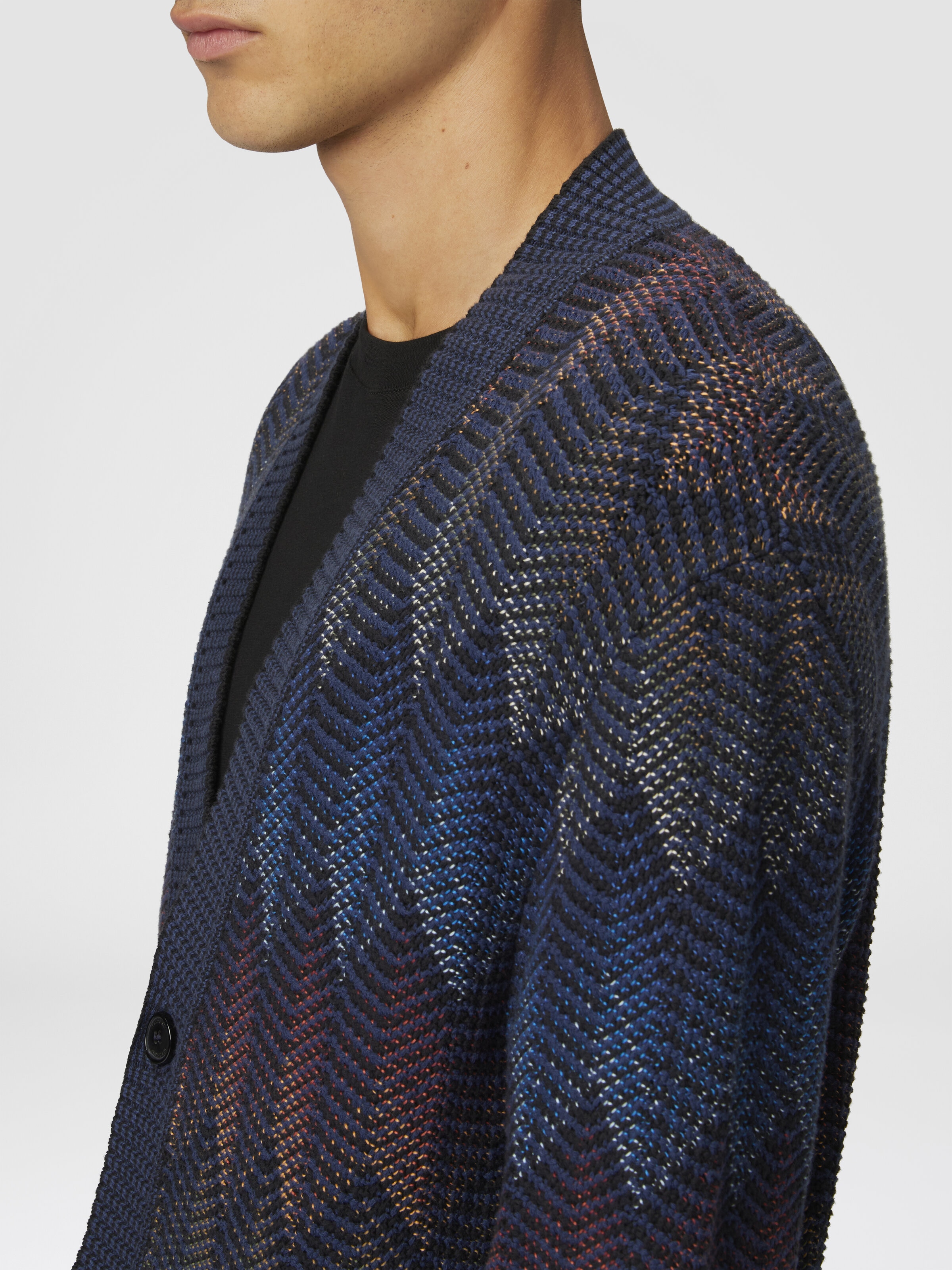 Gradient chevron cotton blend cardigan with pockets, Blue - 4