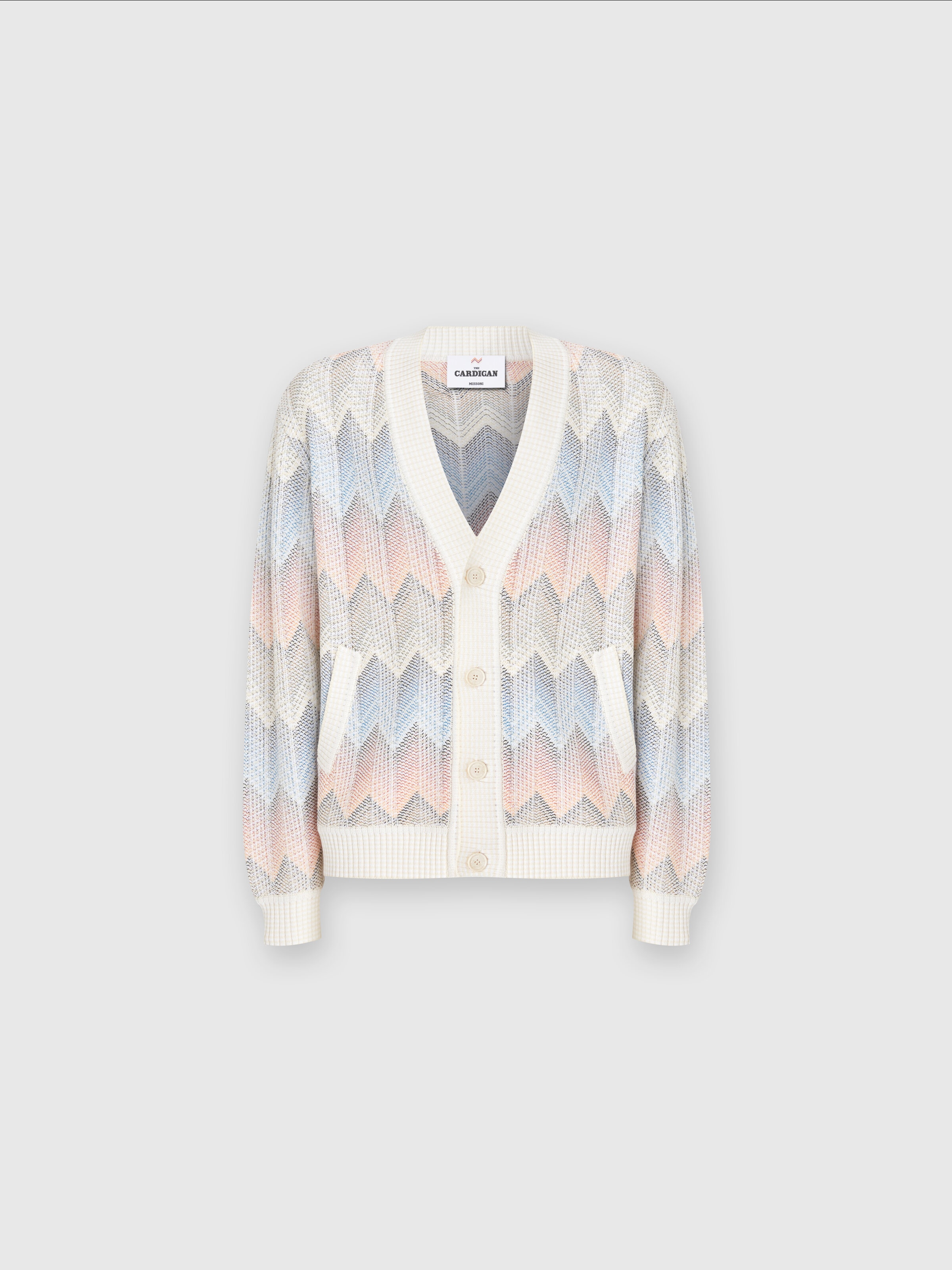 Gradient chevron cotton blend cardigan with pockets, White  - 0