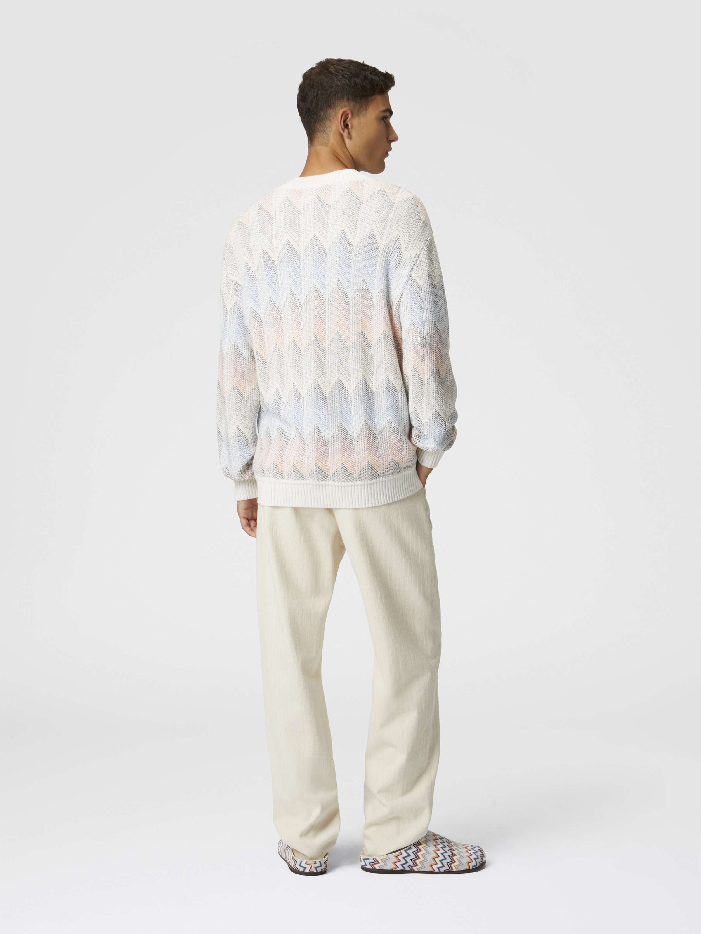 Gradient chevron cotton blend cardigan with pockets, White  - 2