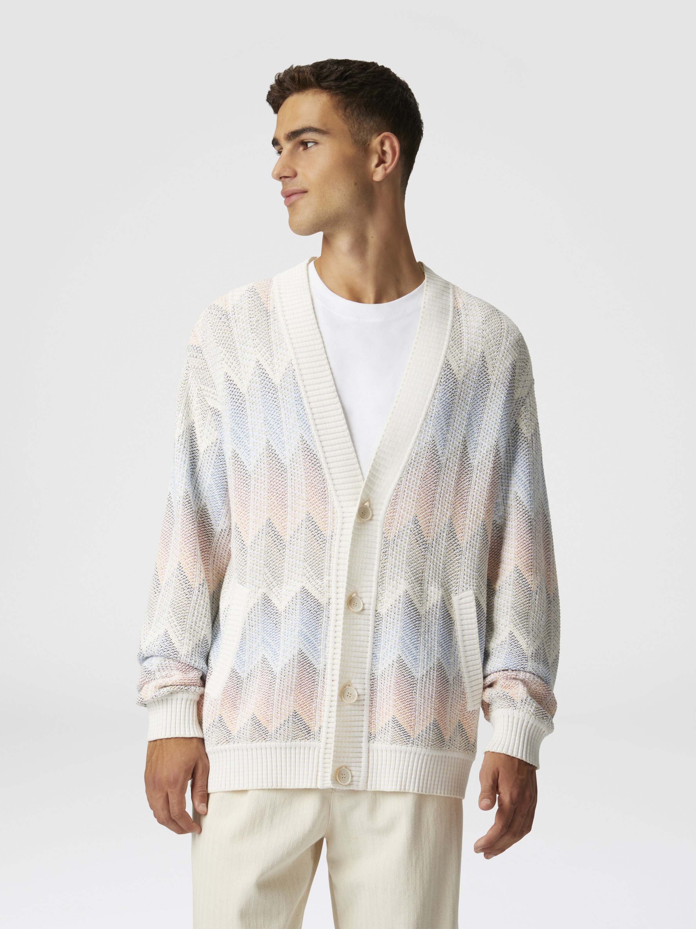 Gradient chevron cotton blend cardigan with pockets, White  - 3