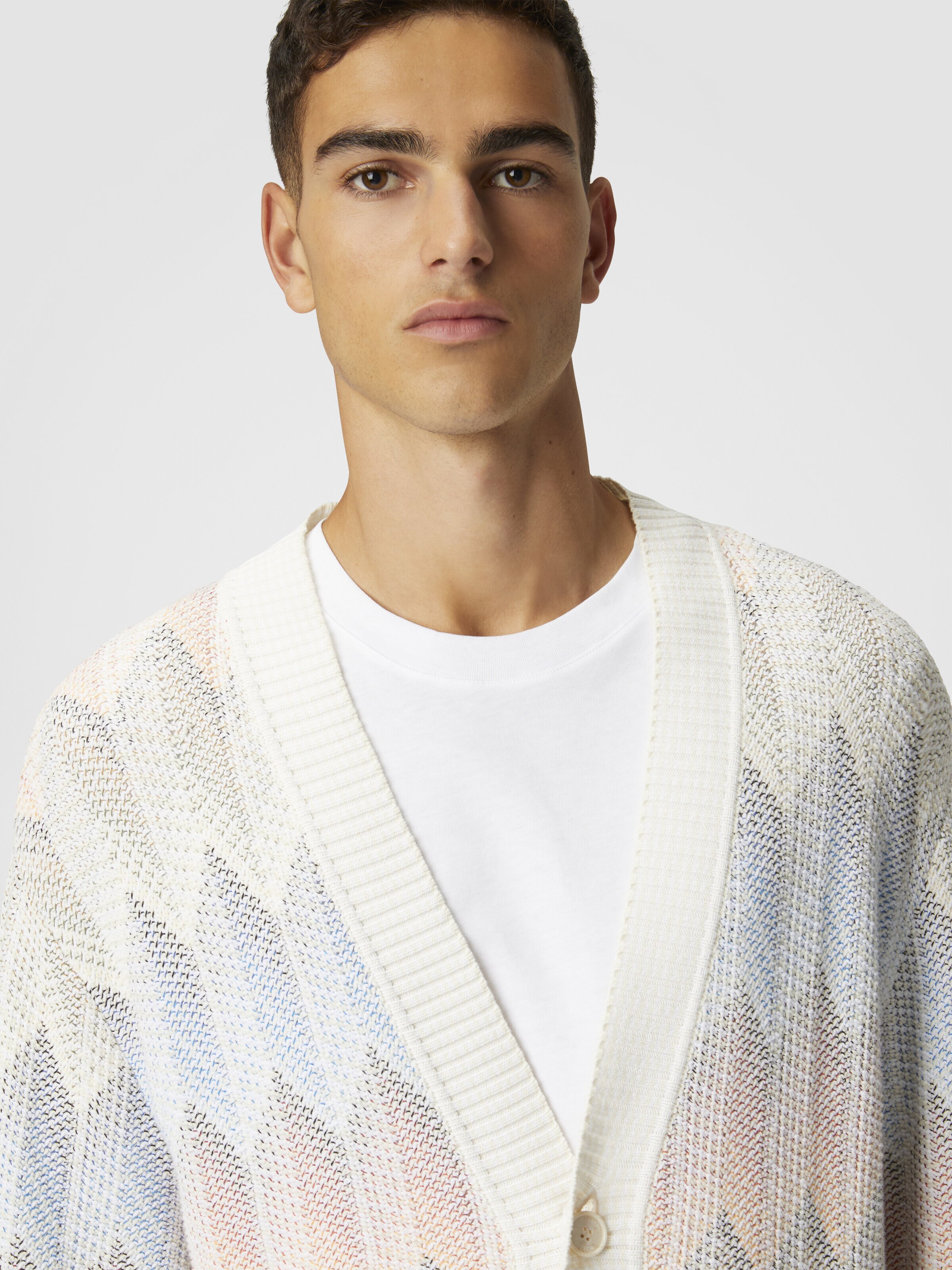 Gradient chevron cotton blend cardigan with pockets, White  - 4