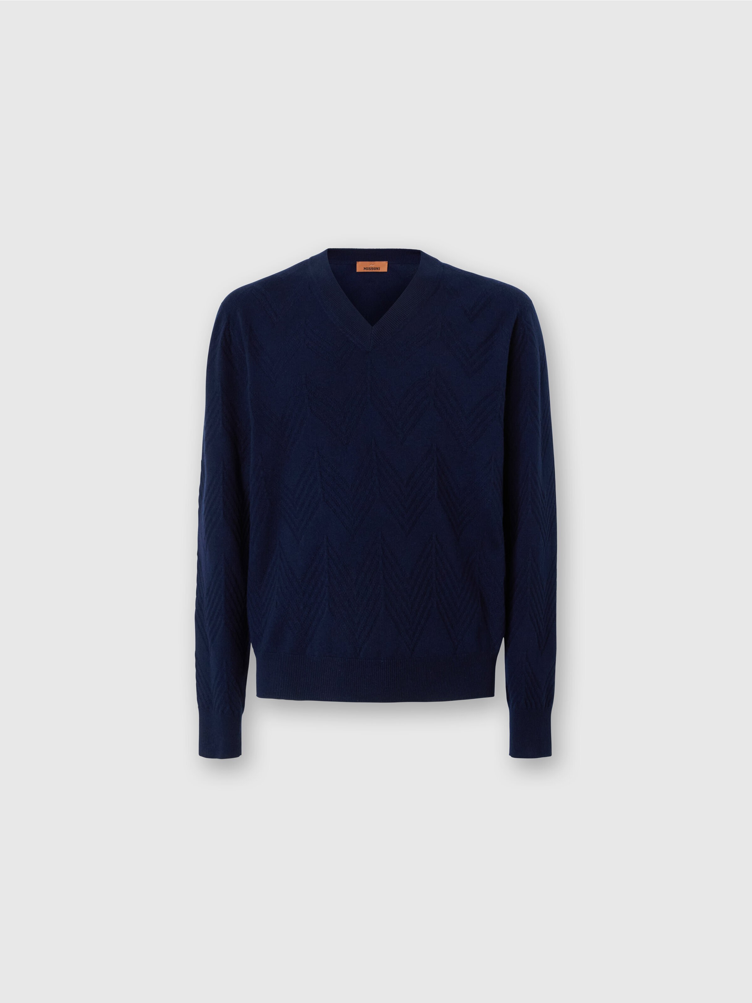 Tonal cashmere V-neck and zigzag pullover, Blue - 0