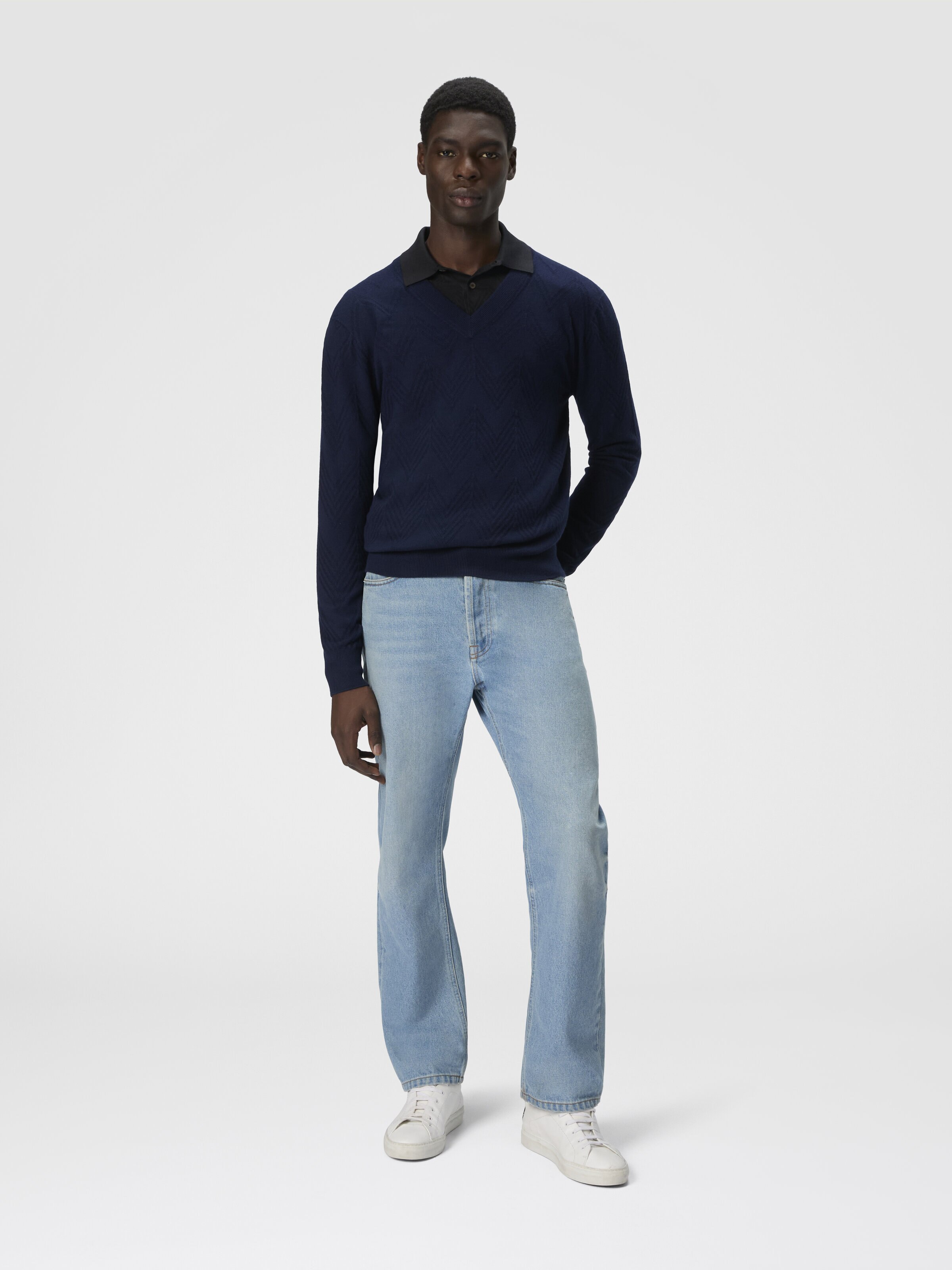 Tonal cashmere V-neck and zigzag pullover, Blue - 1