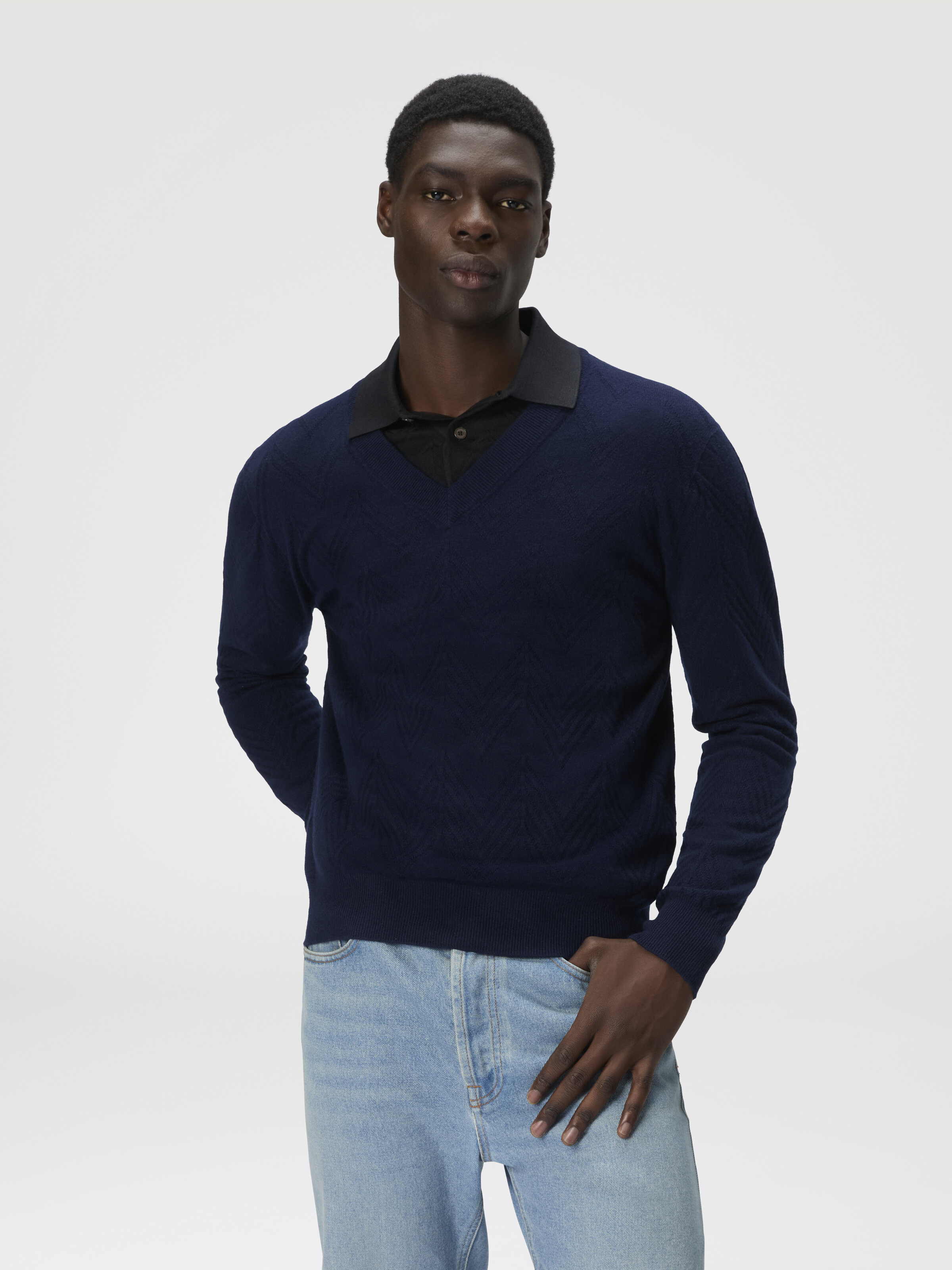Tonal cashmere V-neck and zigzag pullover, Blue - 3