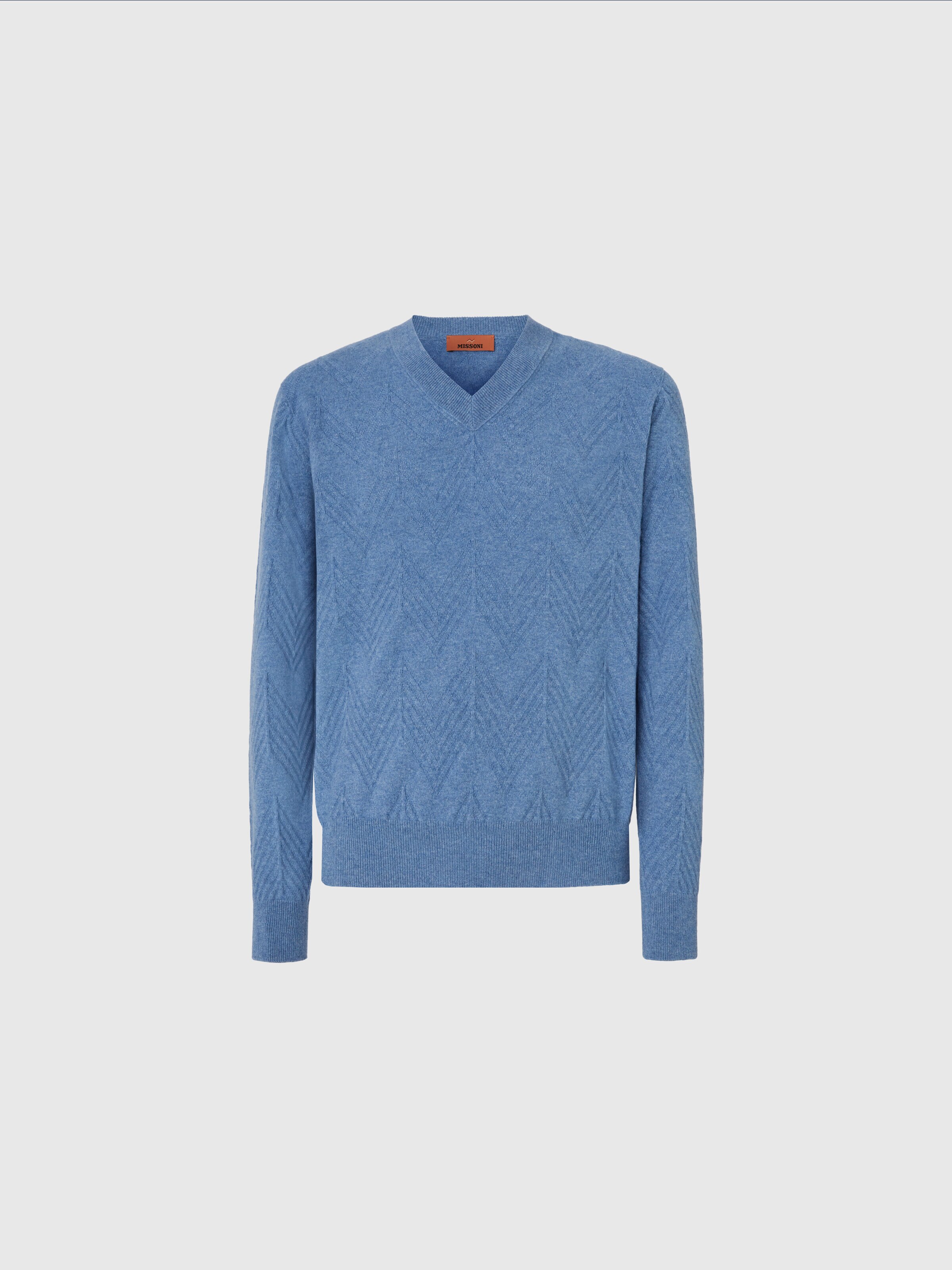 Tonal cashmere V-neck and zigzag pullover, Blue - 0