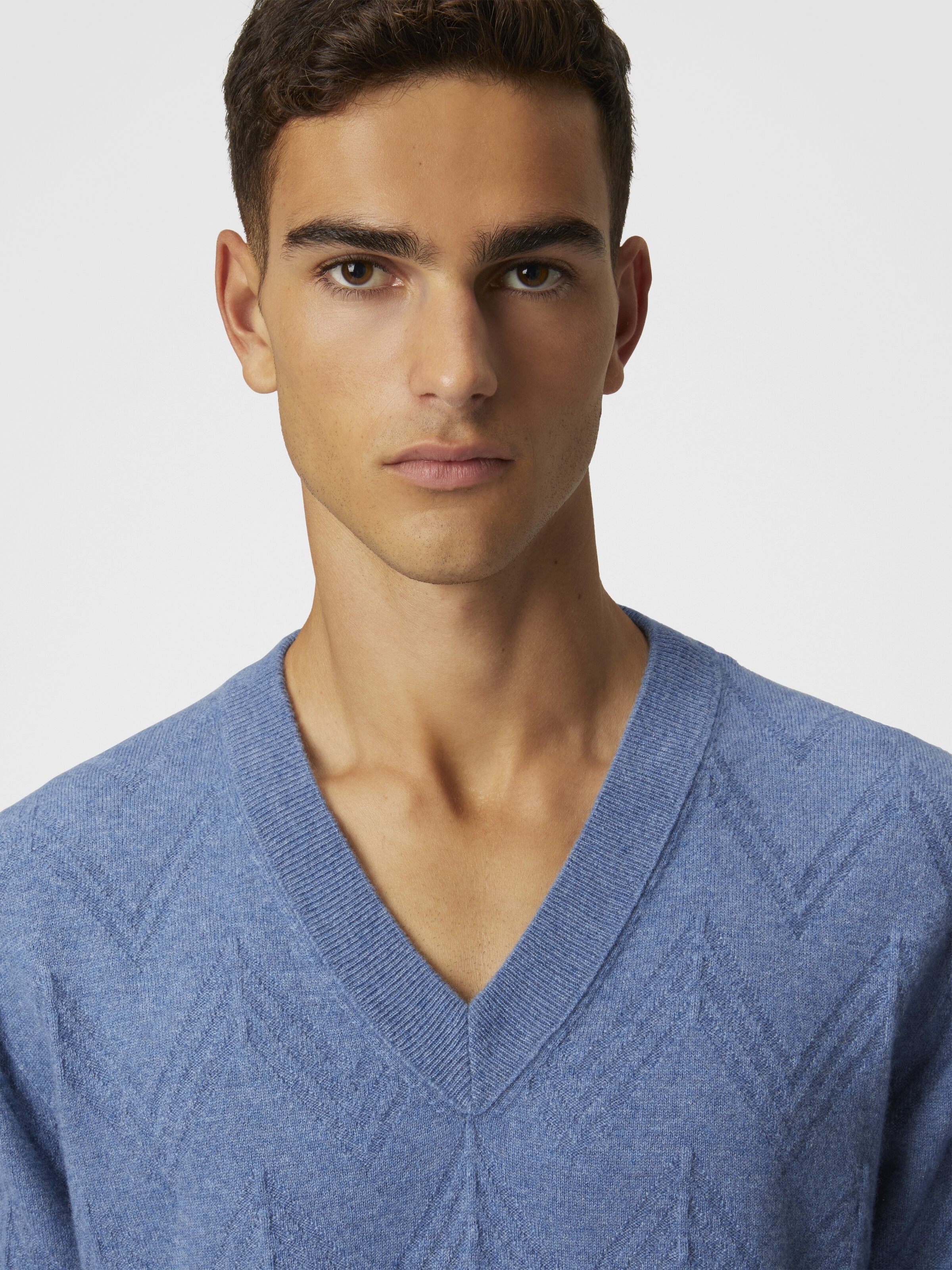 Tonal cashmere V-neck and zigzag pullover, Blue - 4