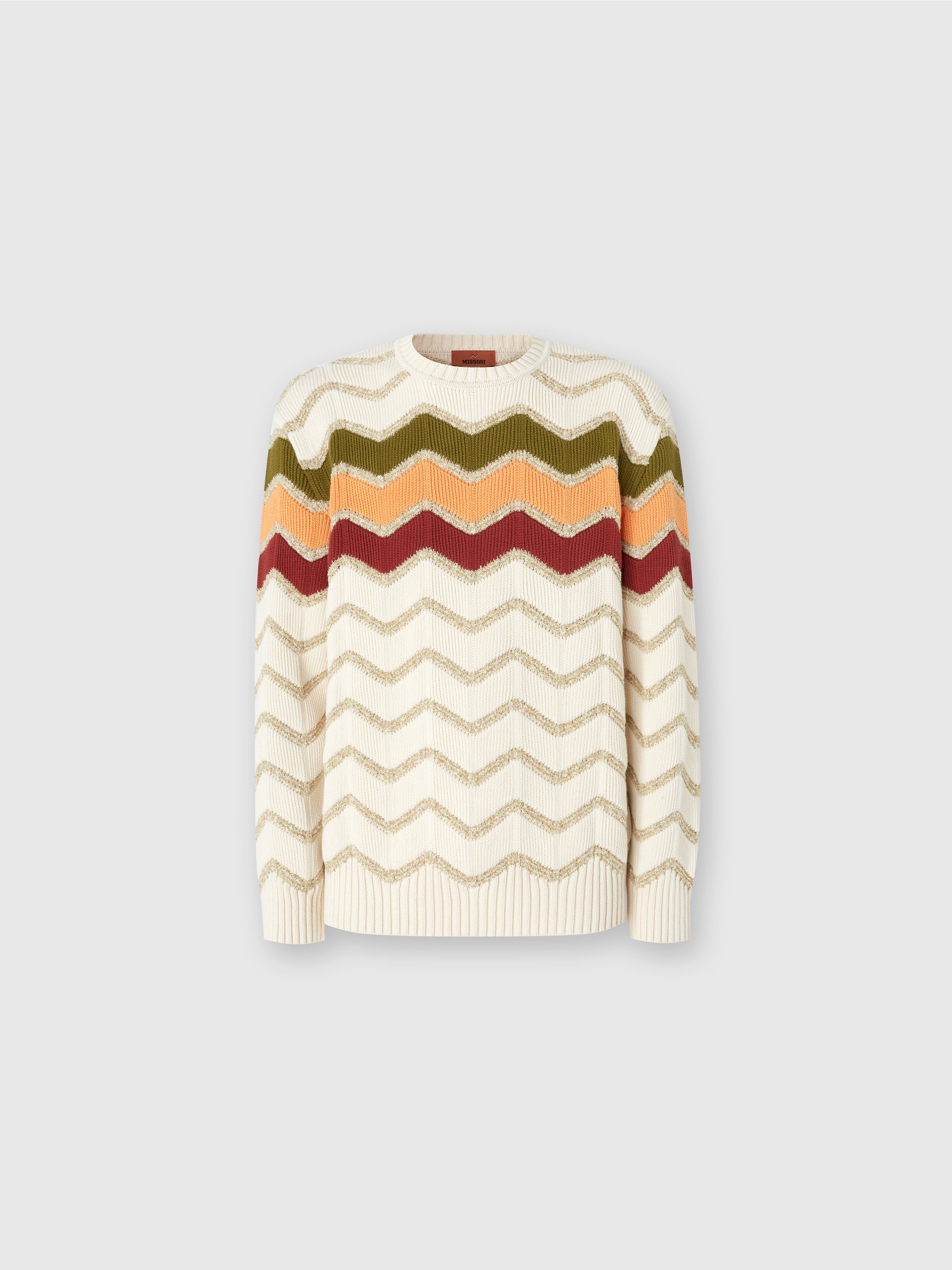 Crew-neck pullover with macro zigzag and mélange details, White  & Orange - 0