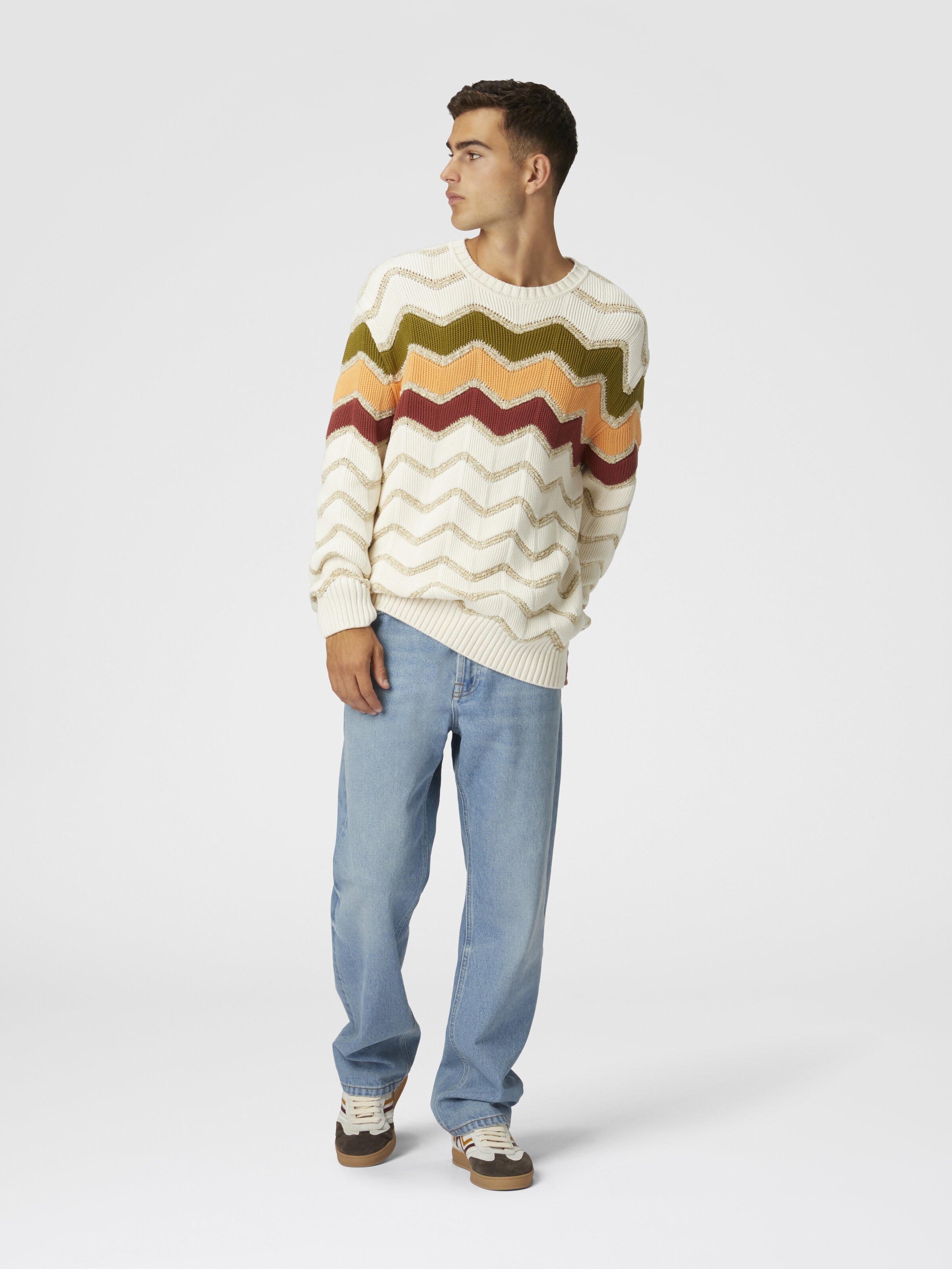 Crew-neck pullover with macro zigzag and mélange details, White  & Orange - 1