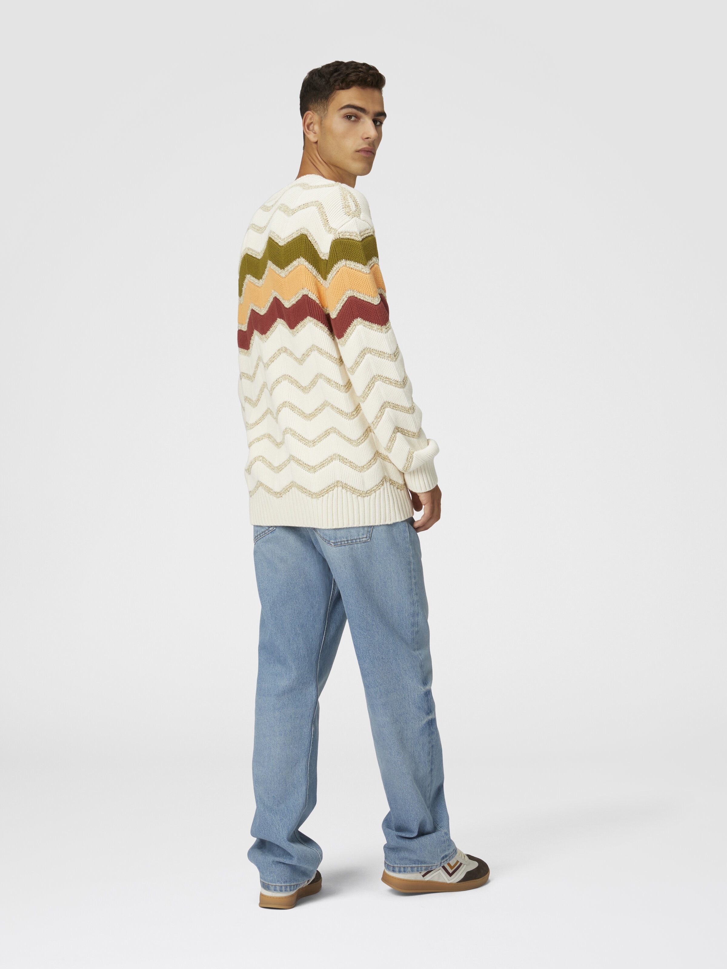 Crew-neck pullover with macro zigzag and mélange details, White  & Orange - 2