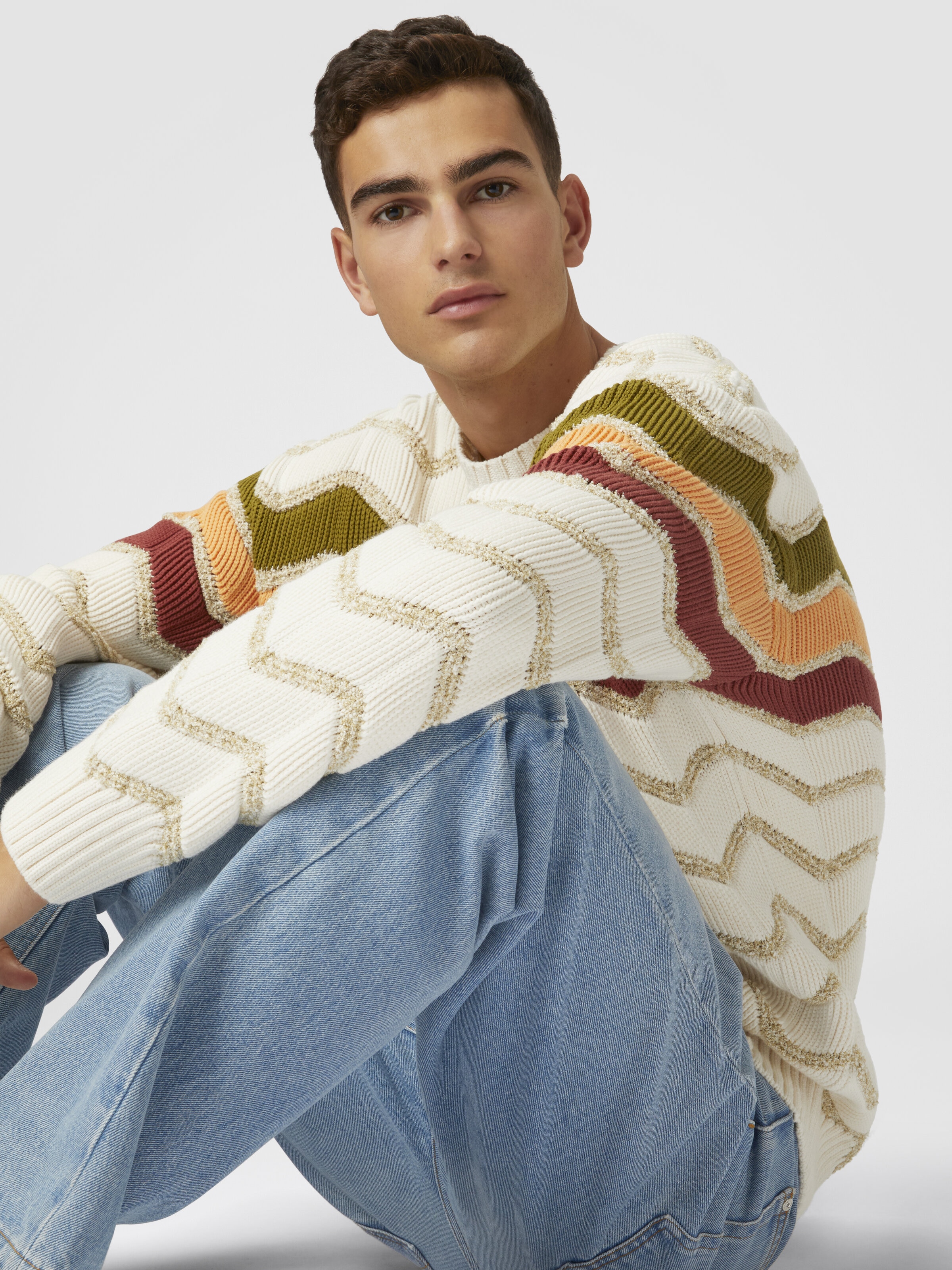 Crew-neck pullover with macro zigzag and mélange details, White  & Orange - 3