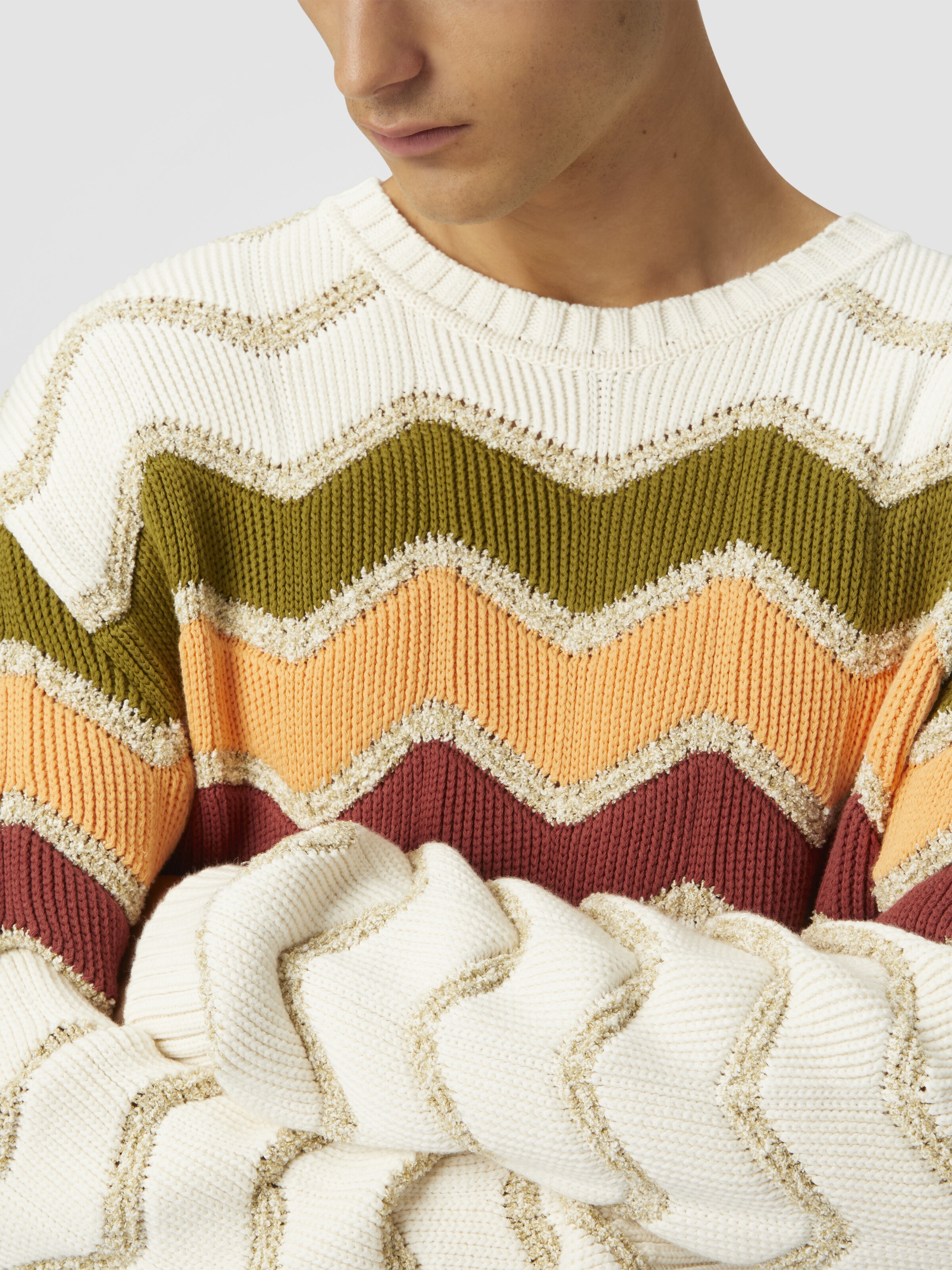 Crew-neck pullover with macro zigzag and mélange details, White  & Orange - 4
