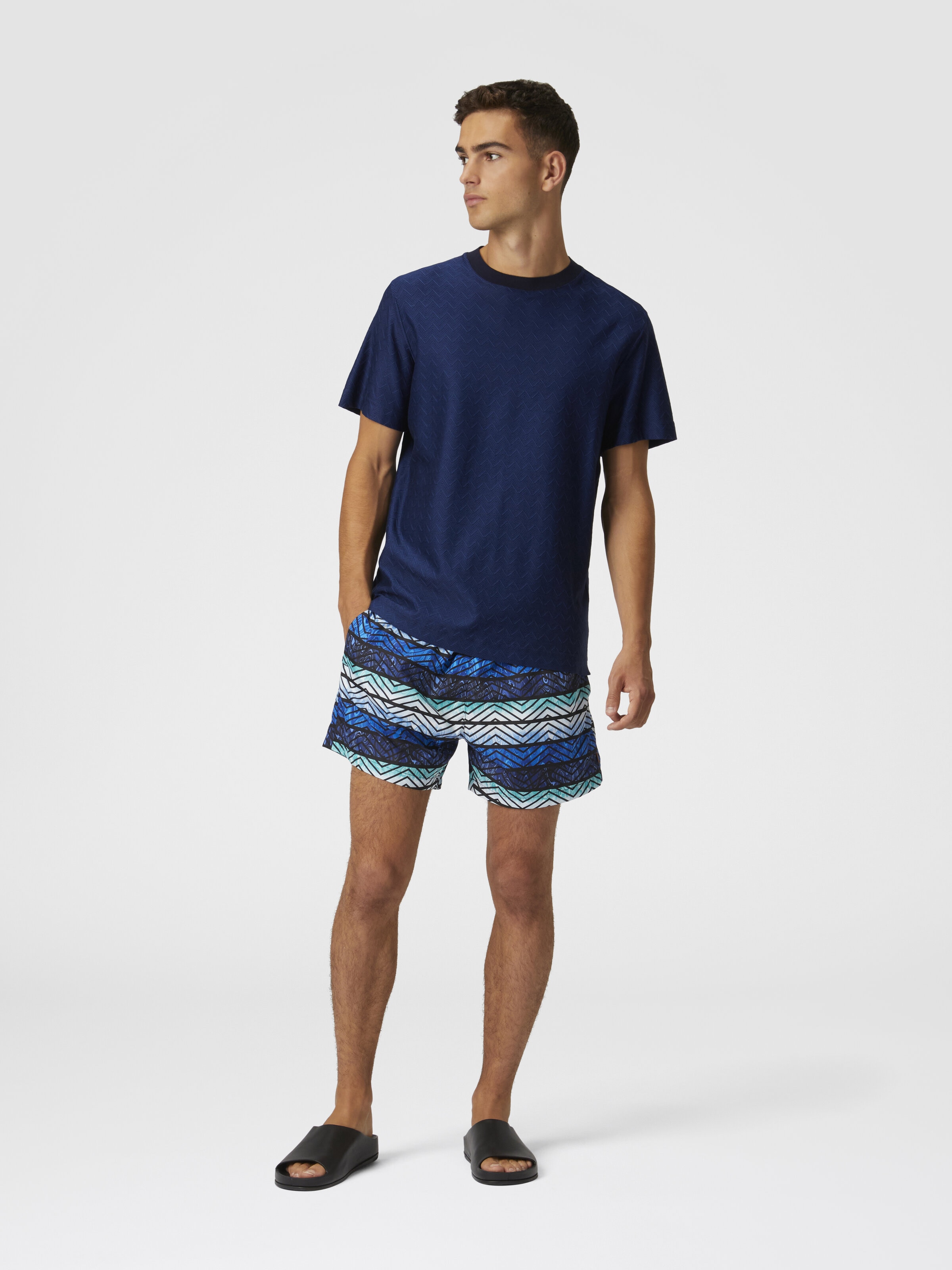 Zigzag print swim trunks with stripes and dégradé, Blue - 1