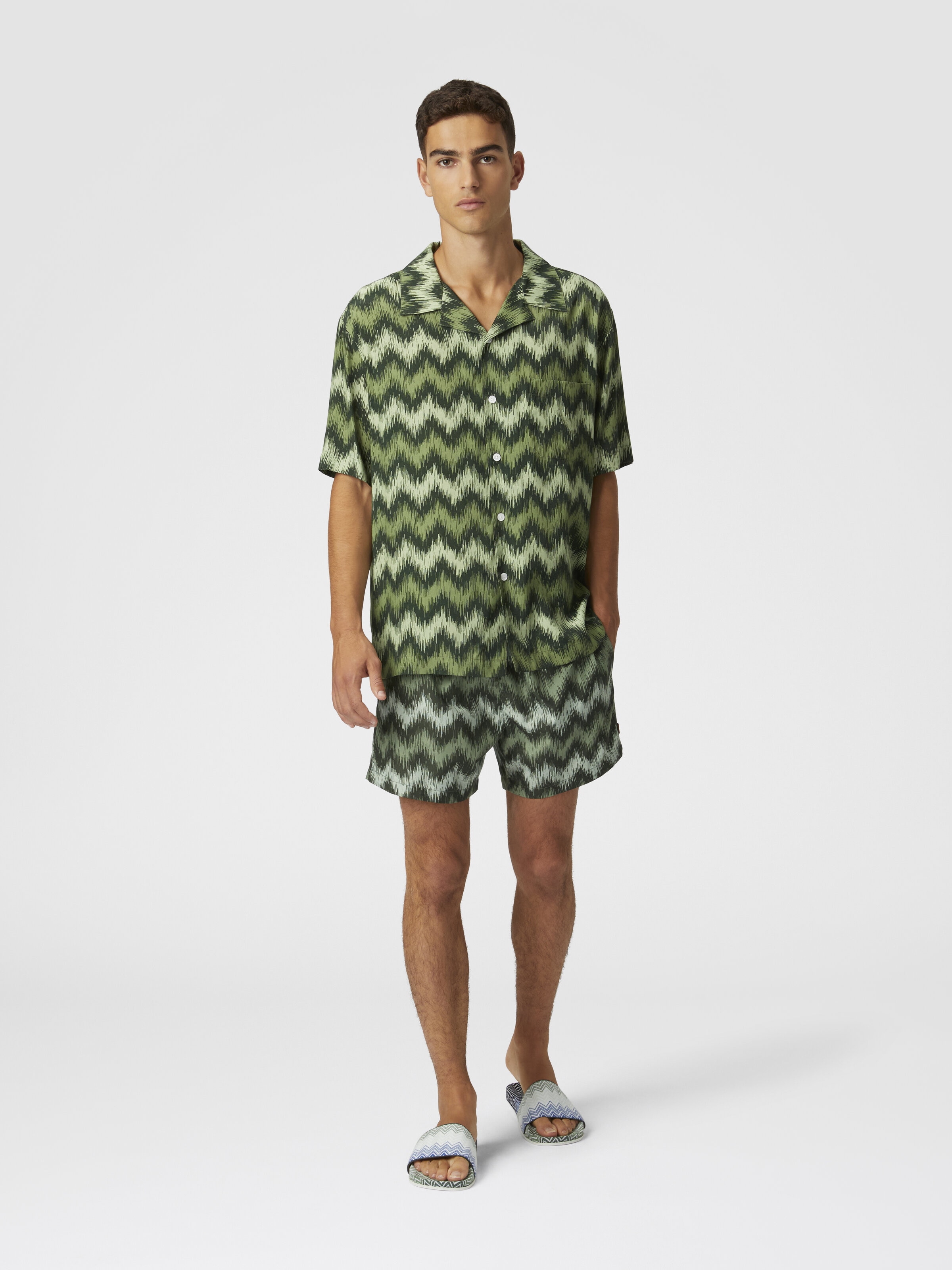 Zig zag printed swim trunks with disturbed frequency, Green - 1