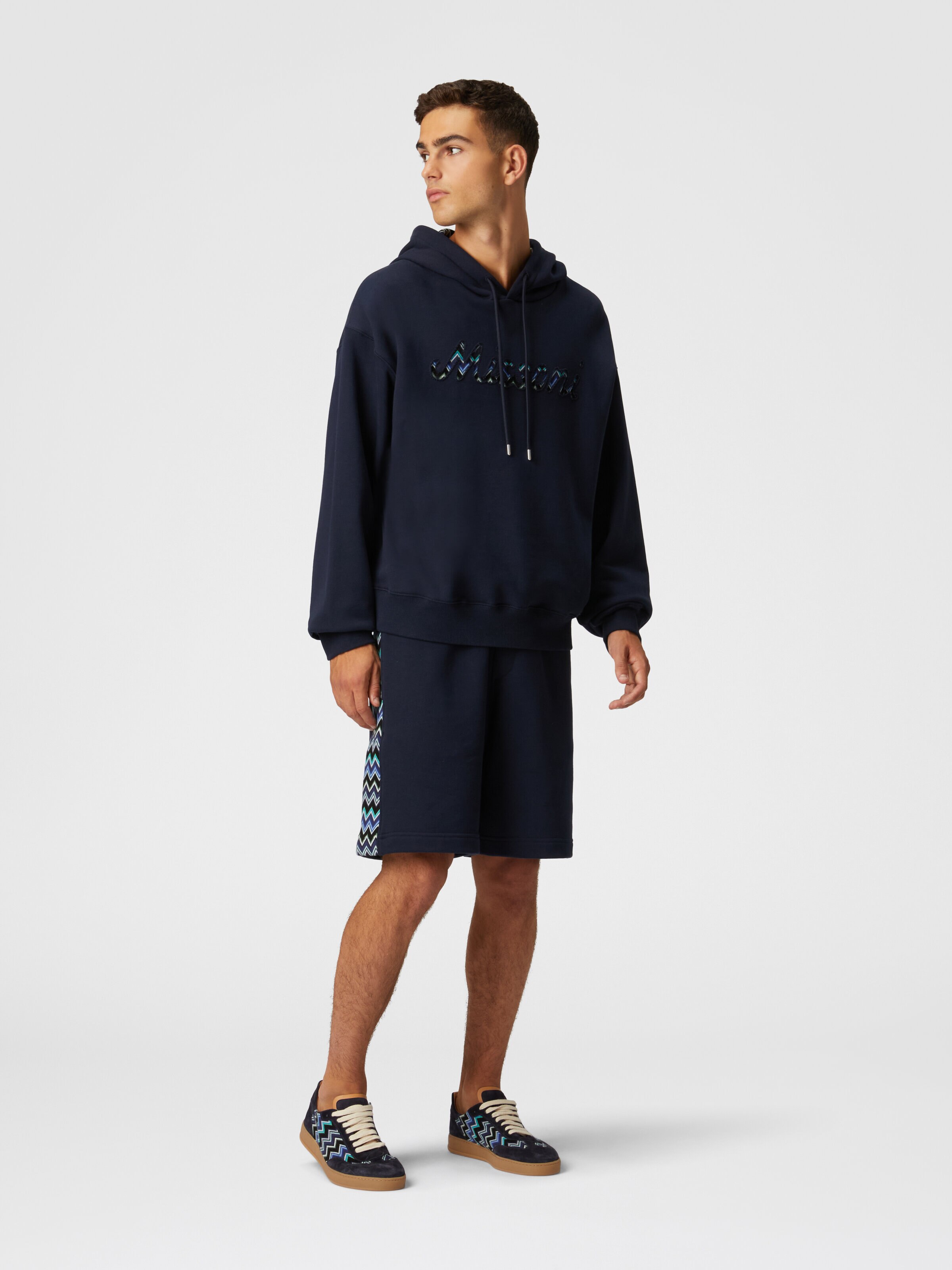 Sudadera de algodón con capucha, aplicación en zig zag y logotipo, Azul Oscuro - 1