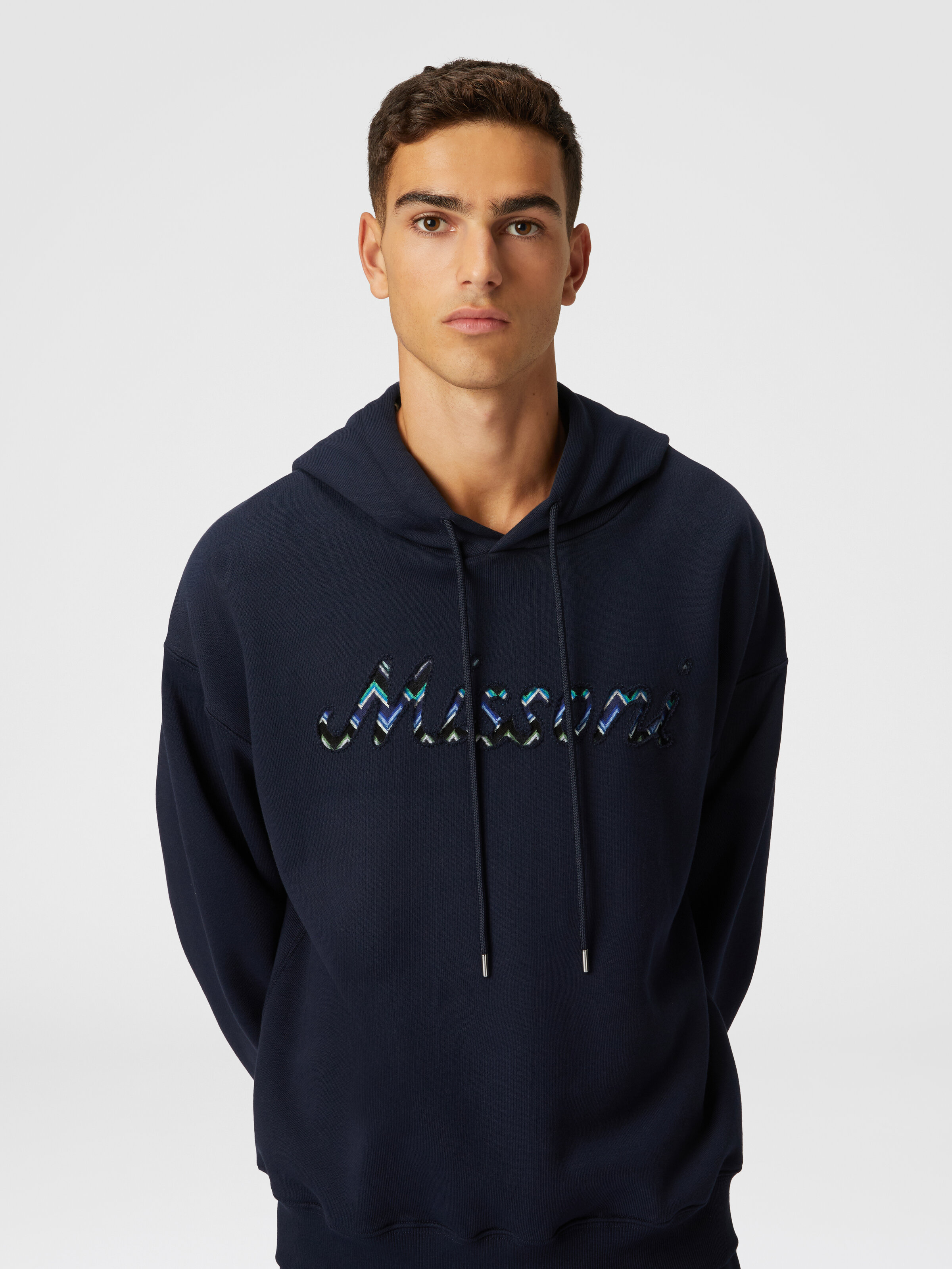 Sudadera de algodón con capucha, aplicación en zig zag y logotipo, Azul Oscuro - 3