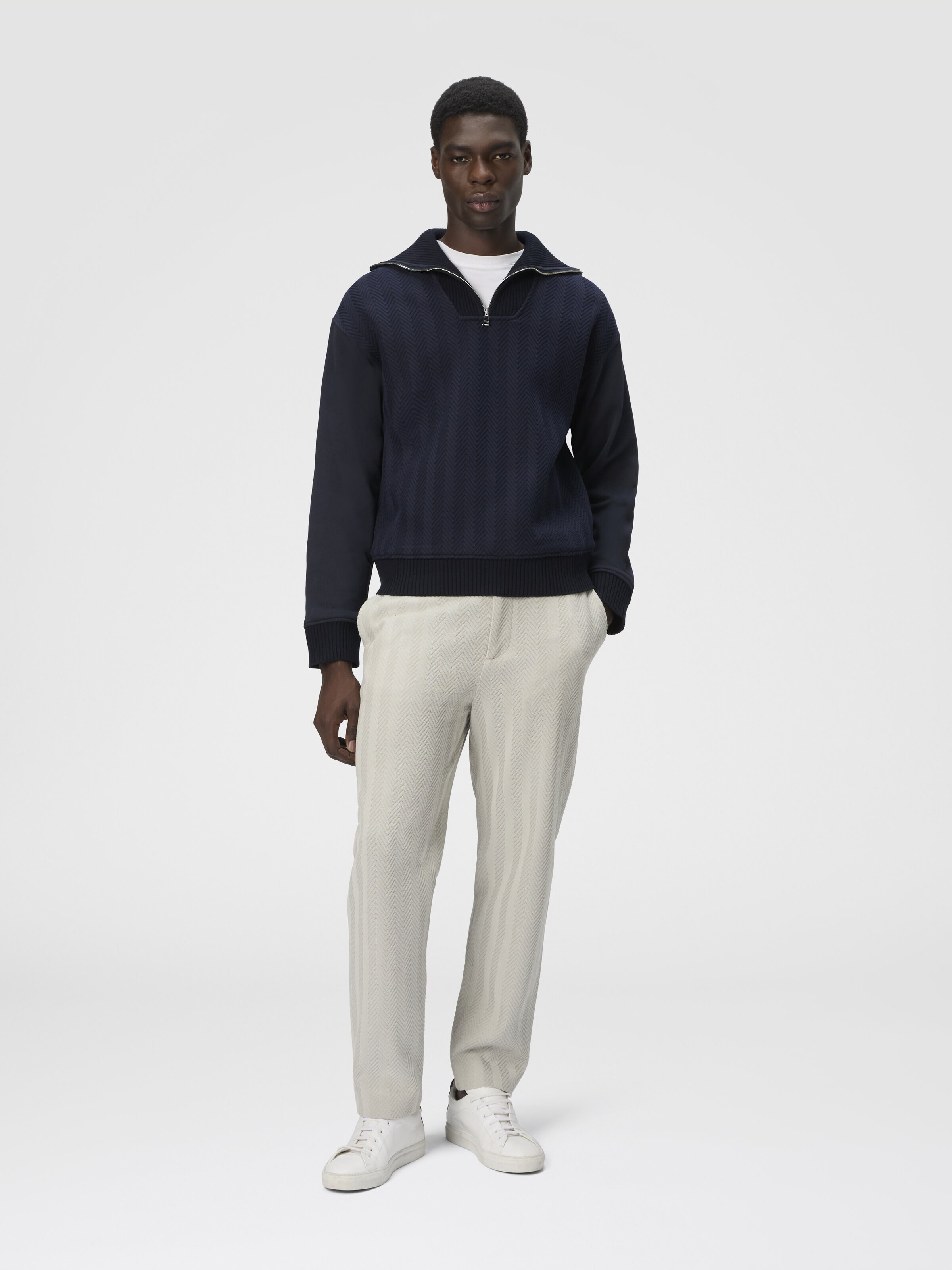 High-neck sweatshirt with tone-on-tone inserts, Blue - 1