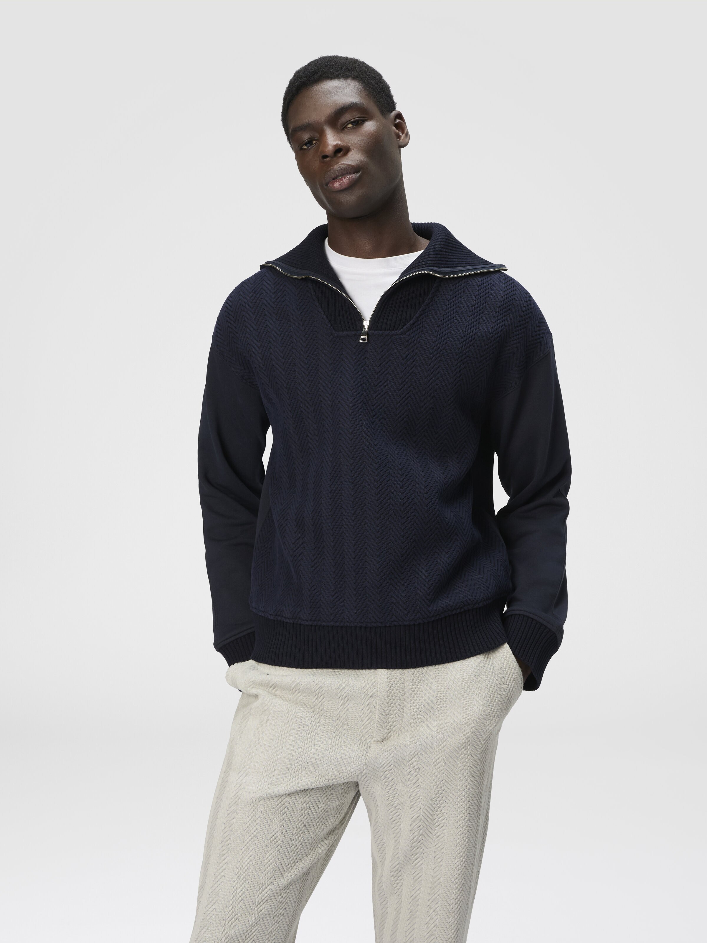 High-neck sweatshirt with tone-on-tone inserts, Blue - 3