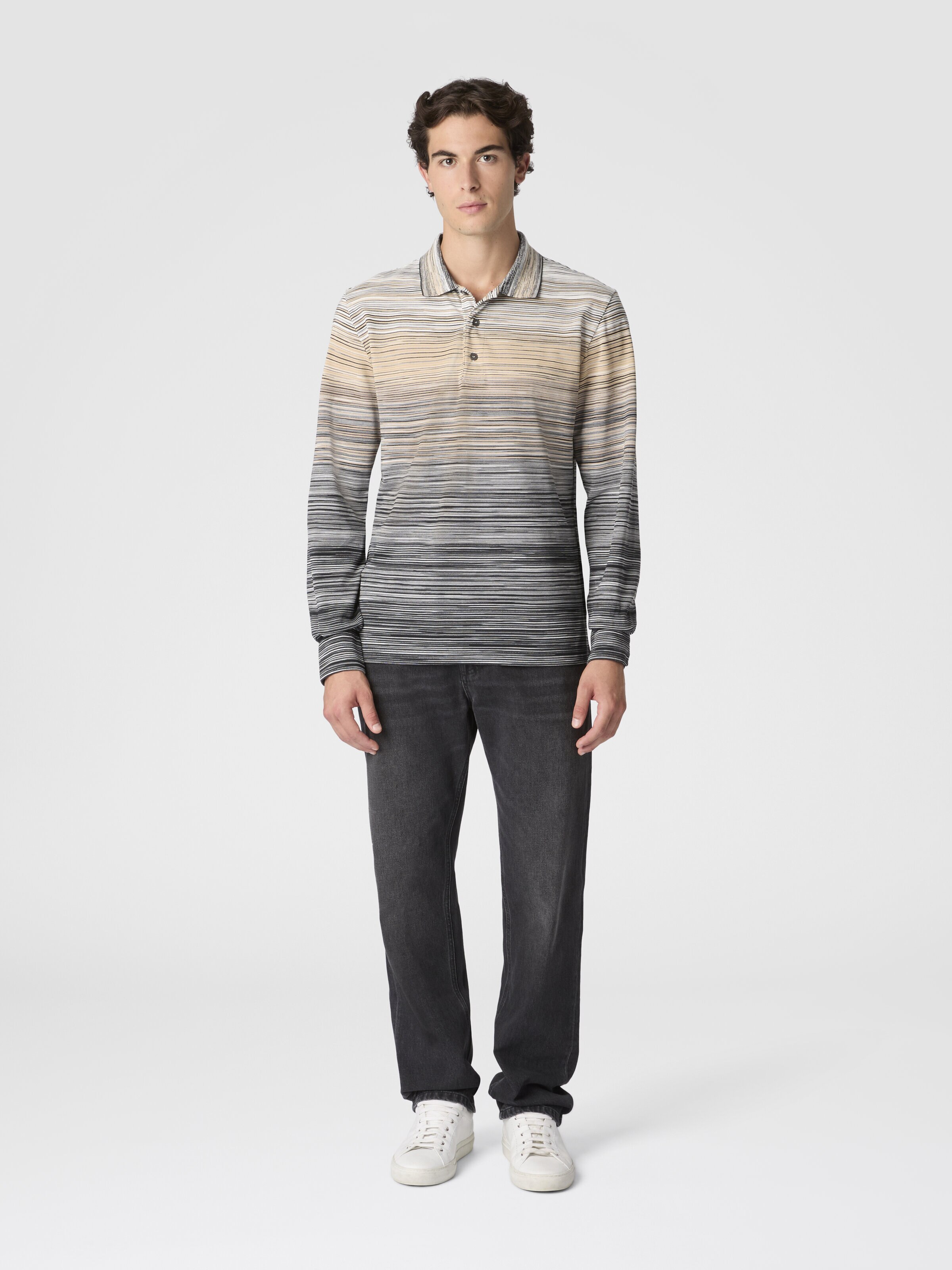 Polo manica lunga  con lavorazione fiammata, Grigio - 1