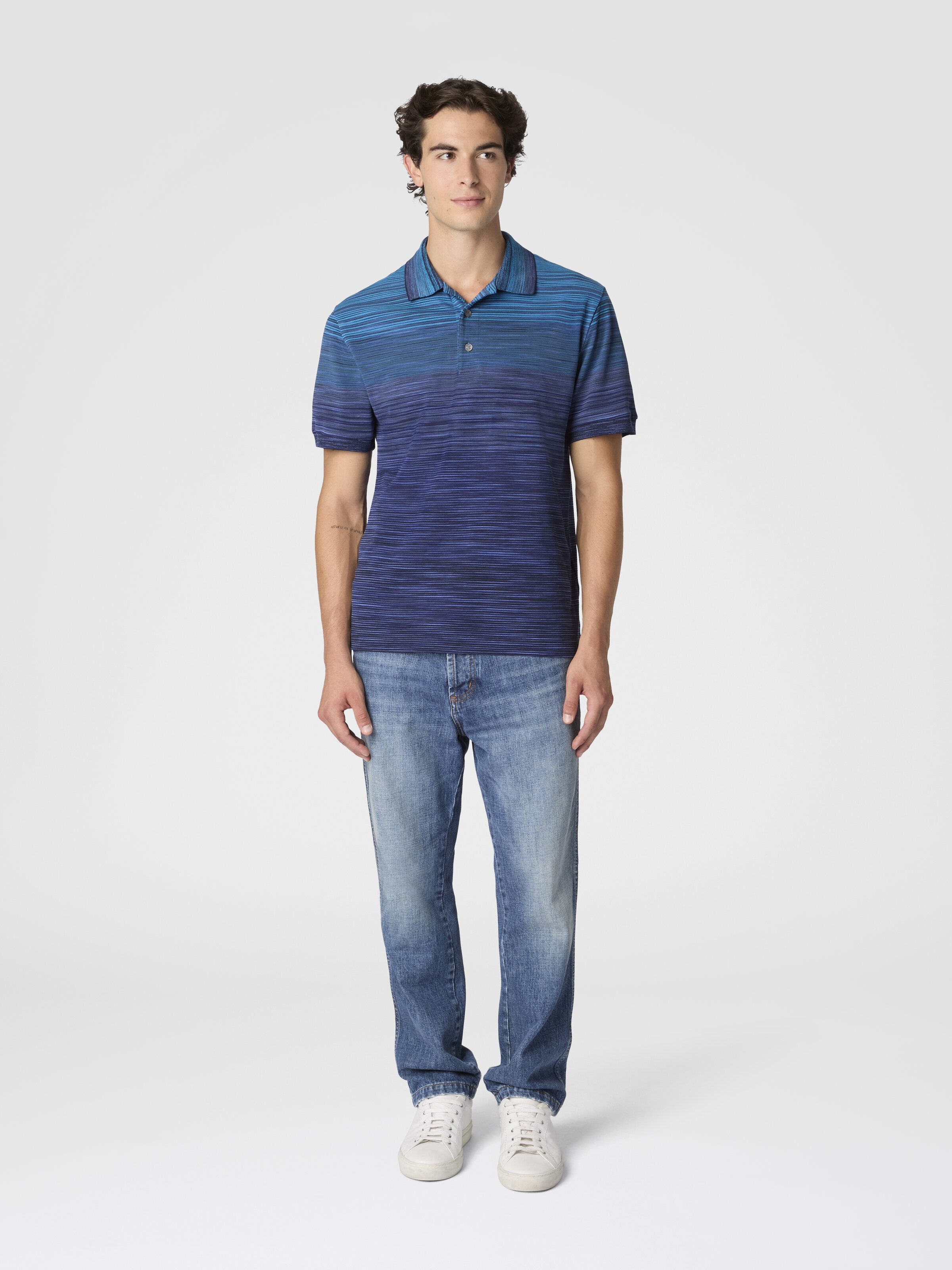 Short Sleeve Polo with Flame Knit, Blue - 1