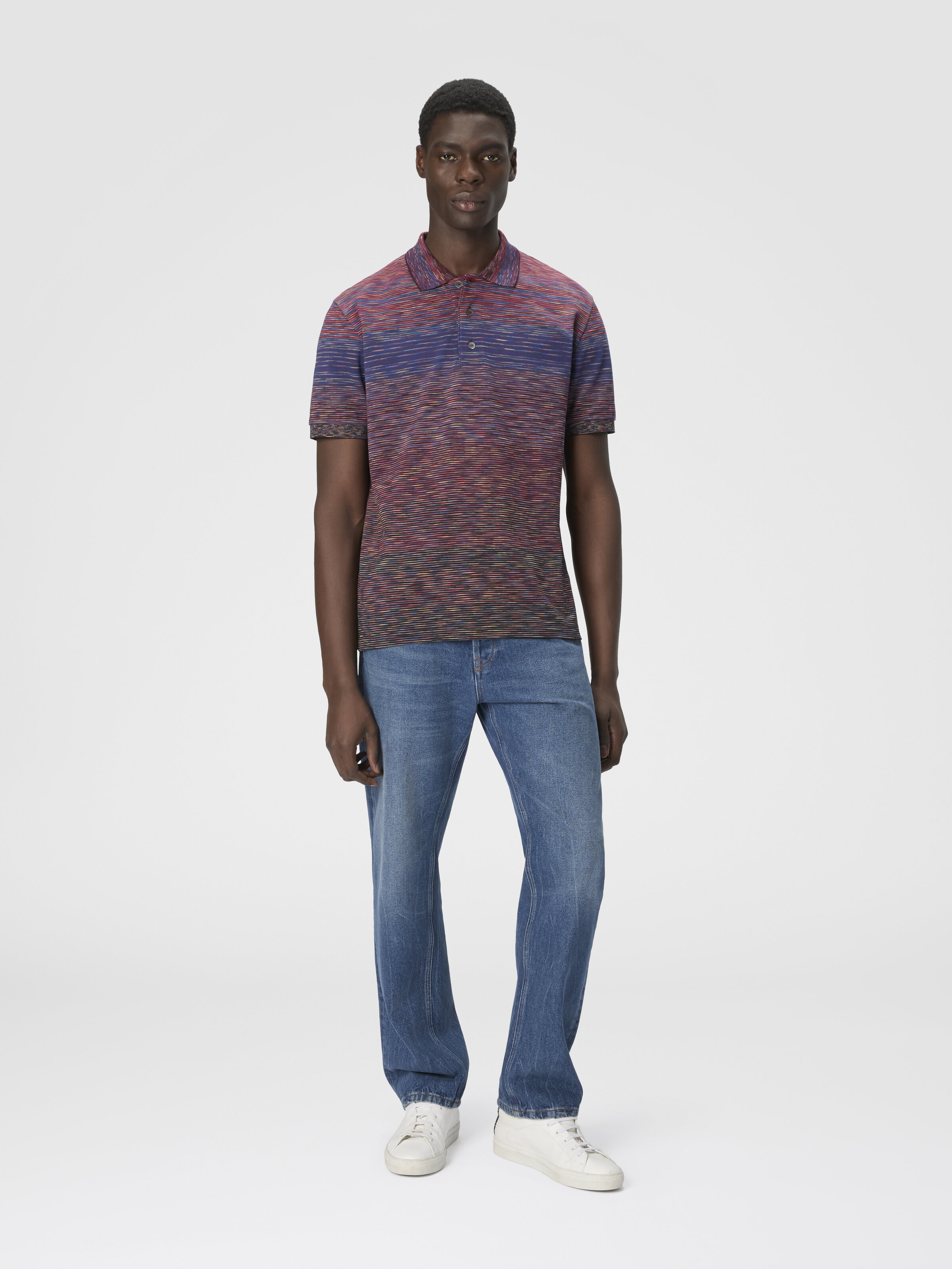 Short Sleeve Polo with Flame Knit, Burgundy & Blue - 1