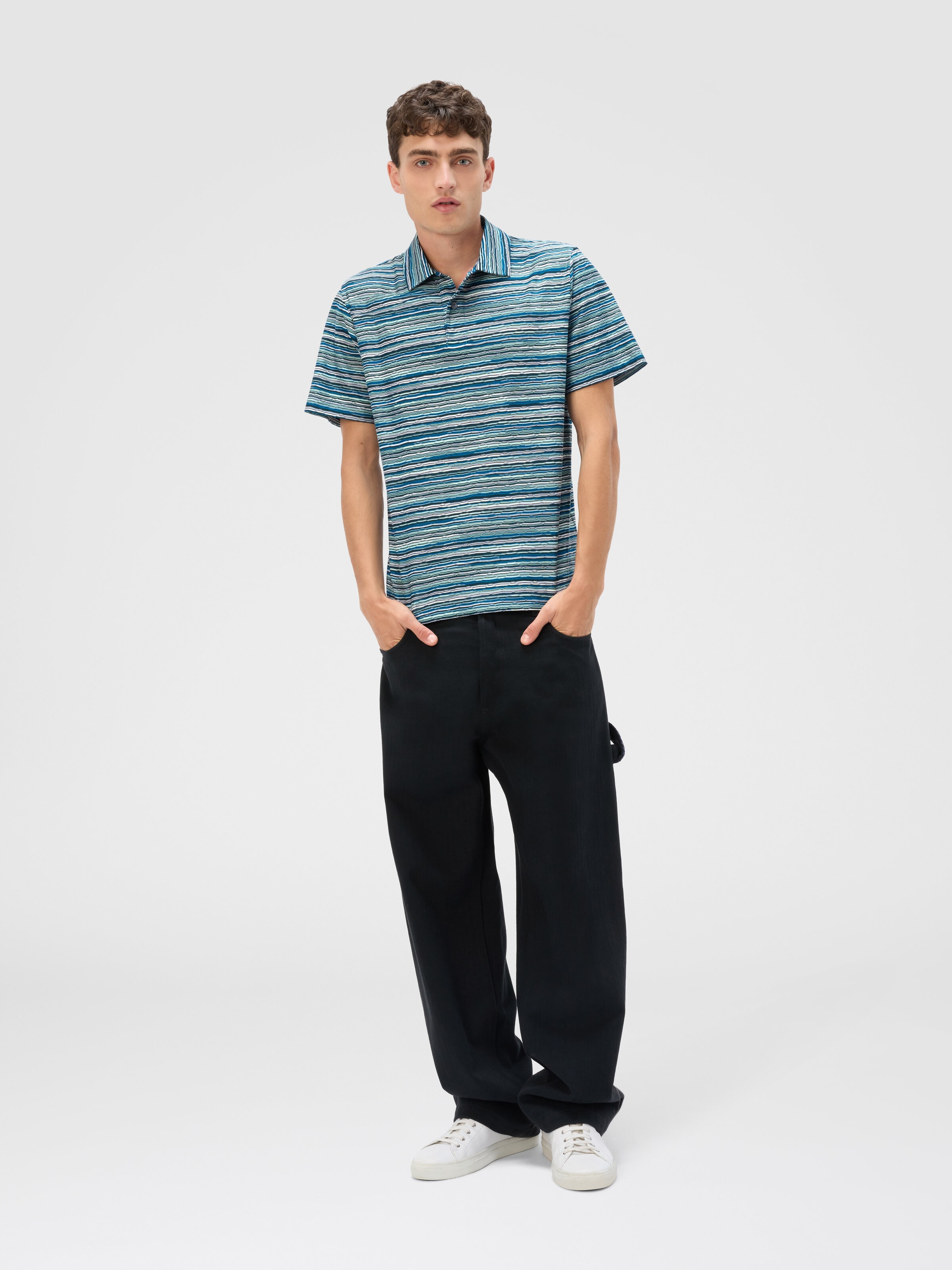 Short Sleeve Polo in Flame Jersey, Blue & Green - 1